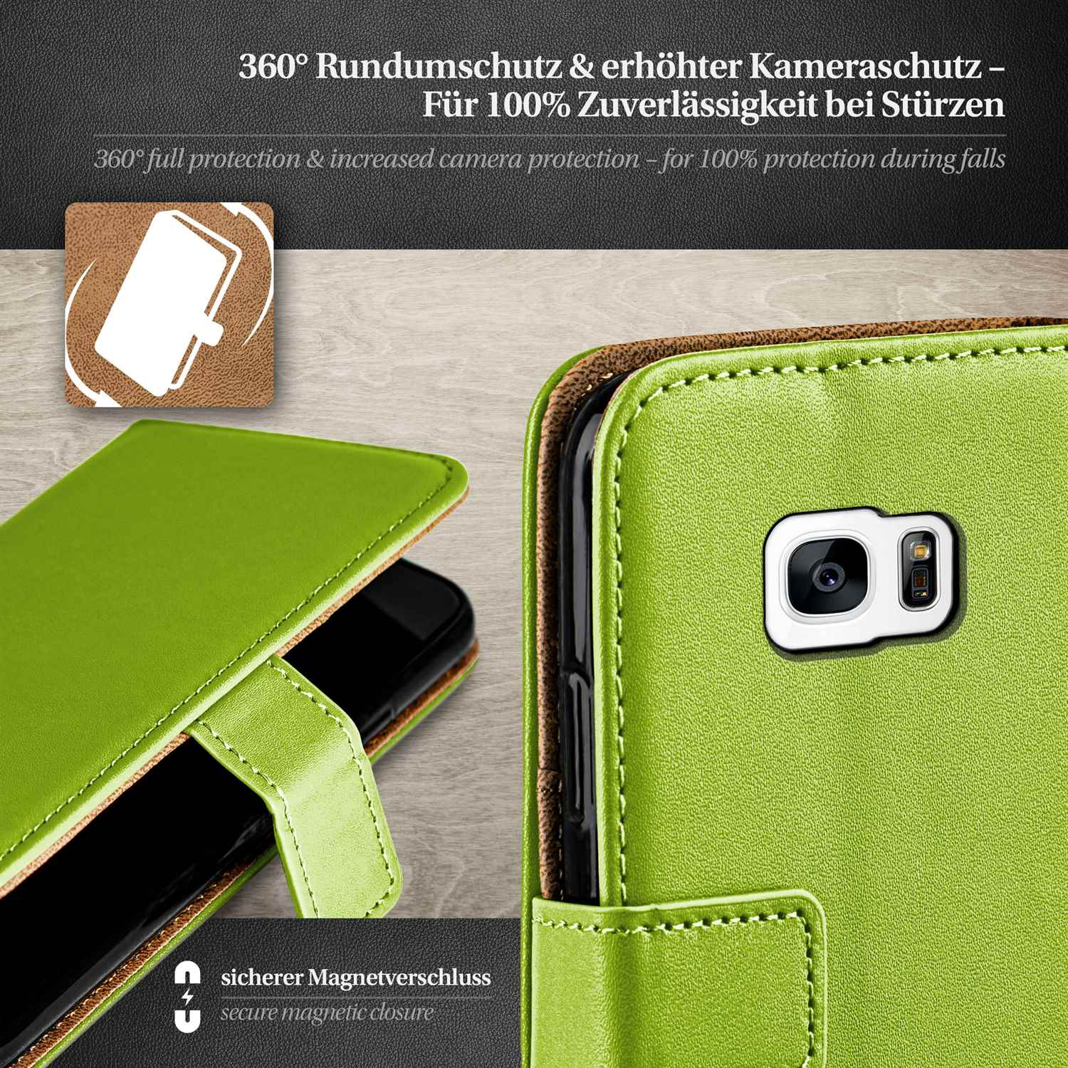 Grüne Handyhülle mit Telefon und Kamera sichtbar. Ein Magnetverschluss ist ebenfalls sichtbar.