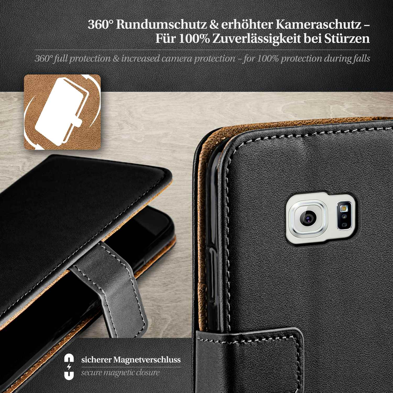 Schwarze Handyhülle mit Telefon darin. Die Hülle hat einen sicheren Magnetverschluss und Kameraschutz.