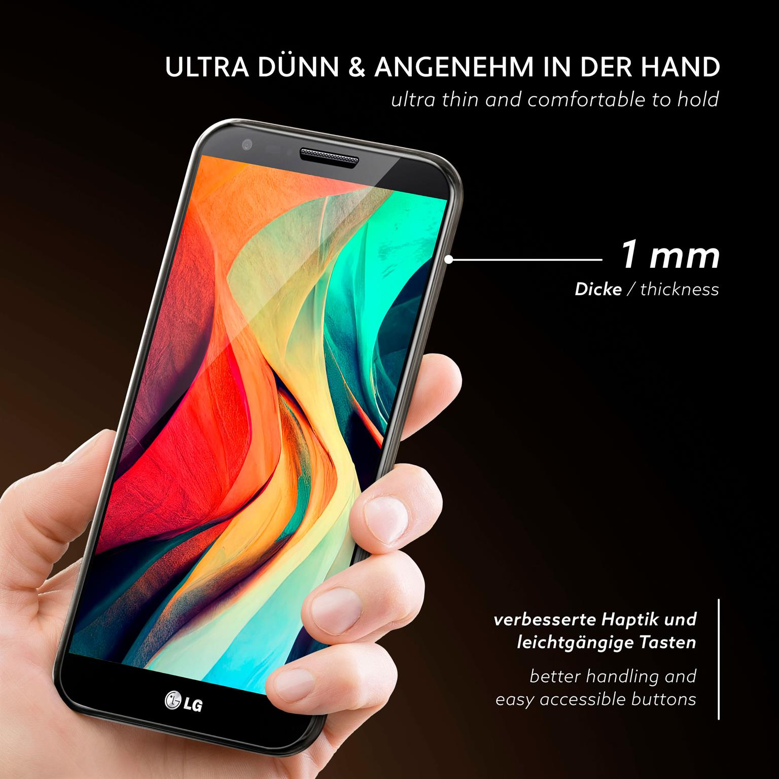 Hand hält Telefon mit farbigem Bildschirm. Text sagt, es ist dünn und bequem.