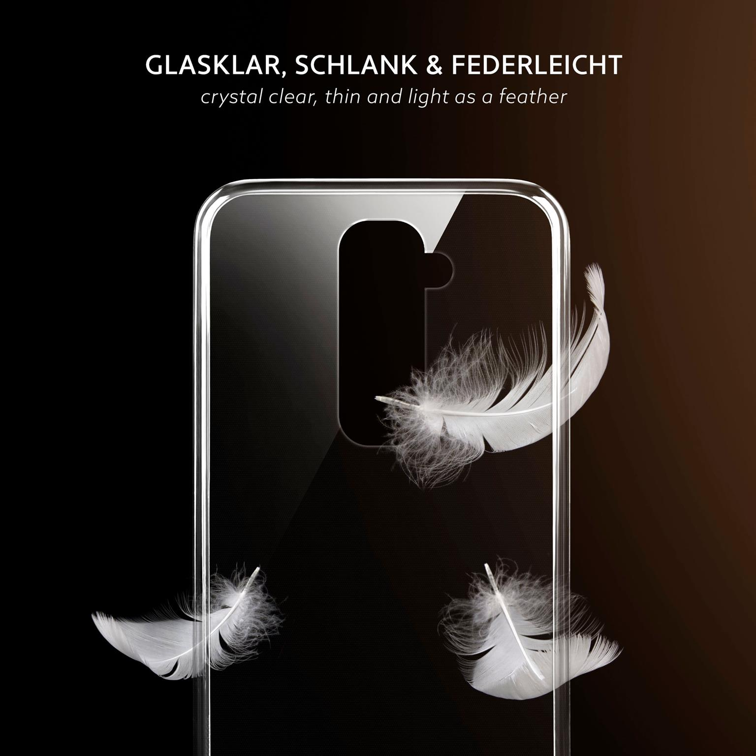 Transparente Handyhülle mit weißen Federn. Dunkler Hintergrund.