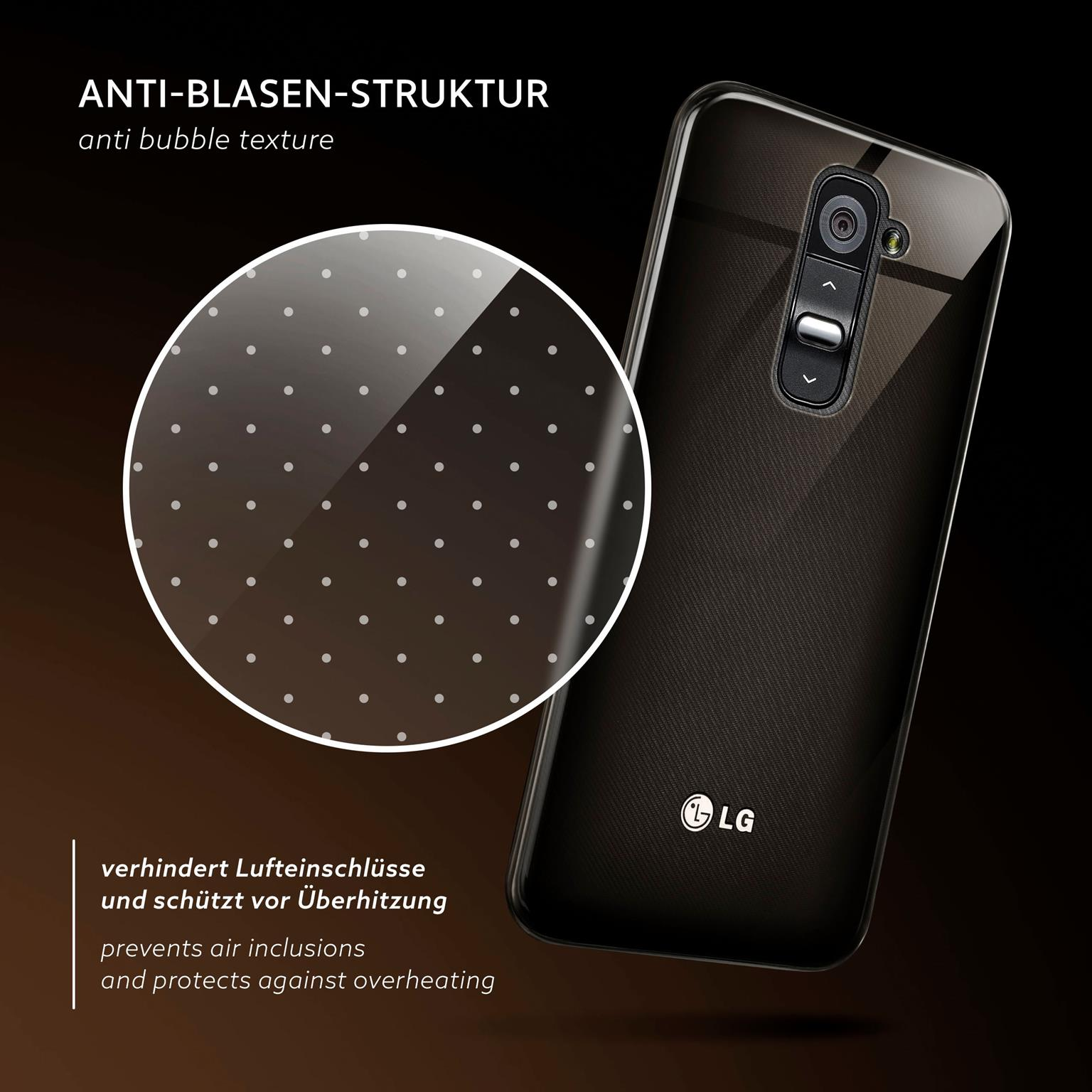 Transparente Handyhülle mit Anti-Blasen-Textur. LG-Telefon innen. Schwarzer Hintergrund.