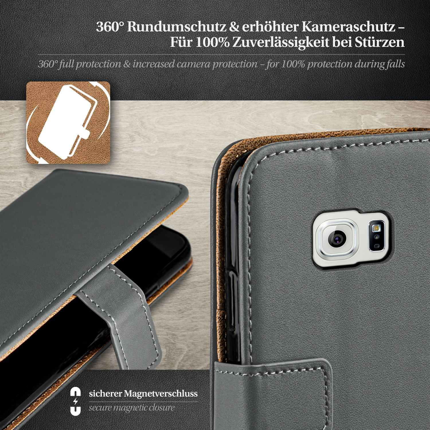 Graue Handyhülle mit schwarzem Telefon. Text: 360° Schutz. Hintergrund: braunes Leder und Text.