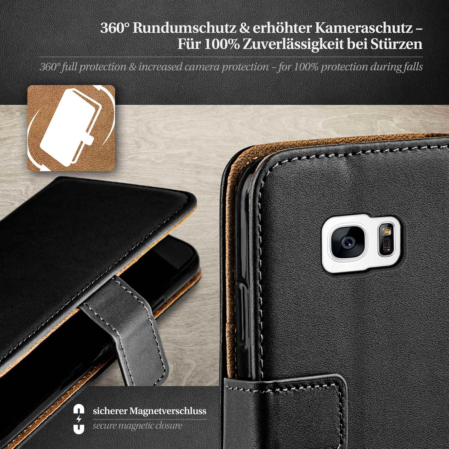 Schwarze Leder-Handyhülle mit Magnetverschluss, die ein Telefon zeigt. Text: '360° Schutz'.