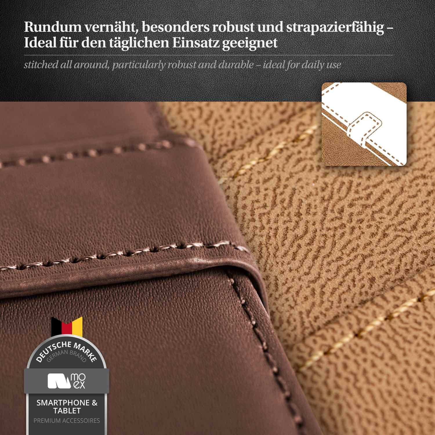 Nahaufnahme einer braunen Leder-Handyhülle mit weißen Nähten. Die Hülle ist geöffnet und zeigt die Innenseite.