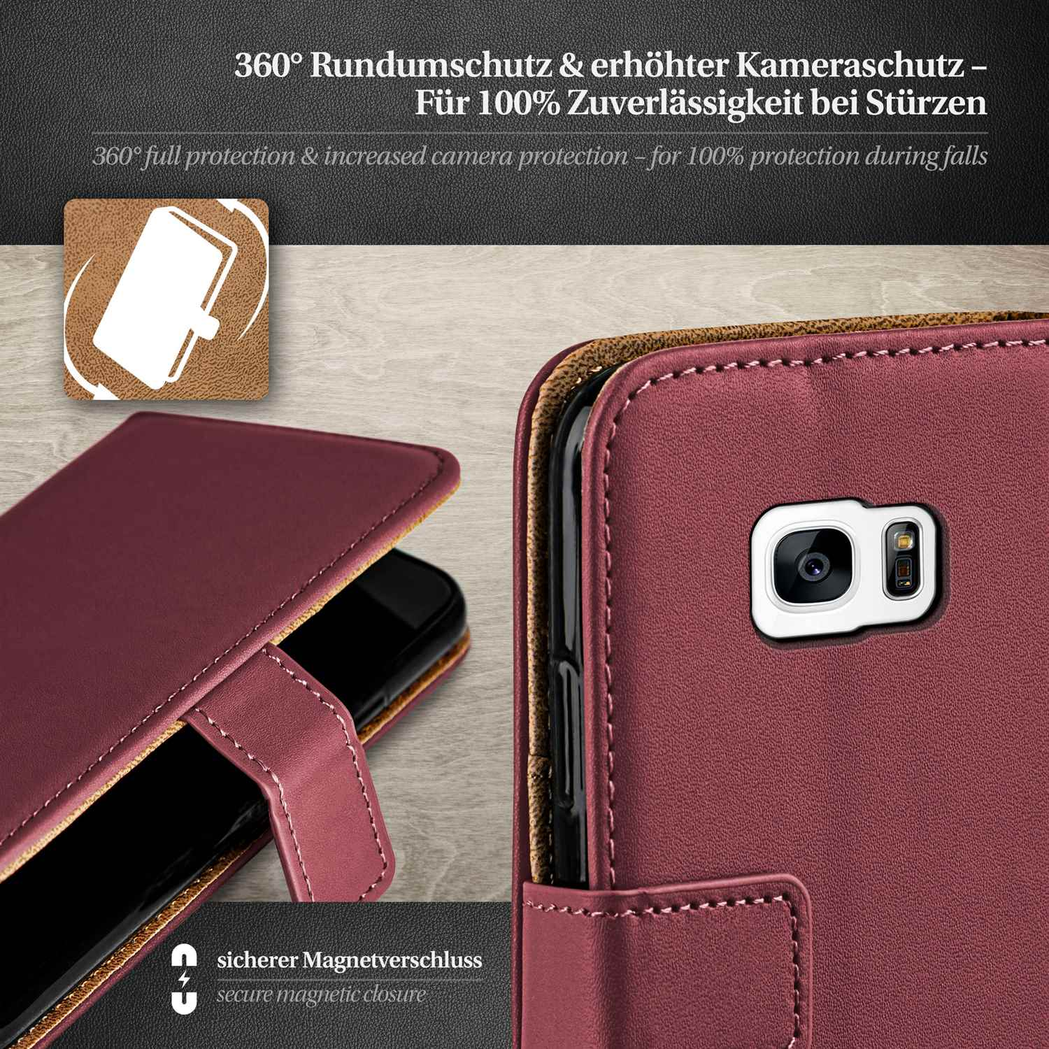 Rote Handyhülle geöffnet, mit einem Telefon im Inneren. Text oben: 360° Schutz.