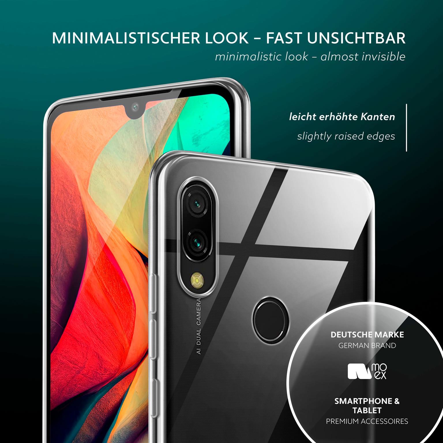 Transparente Handyhülle auf Telefon. Zwei Telefone. Text: Minimalistischer Look, leicht erhöhte Kanten.