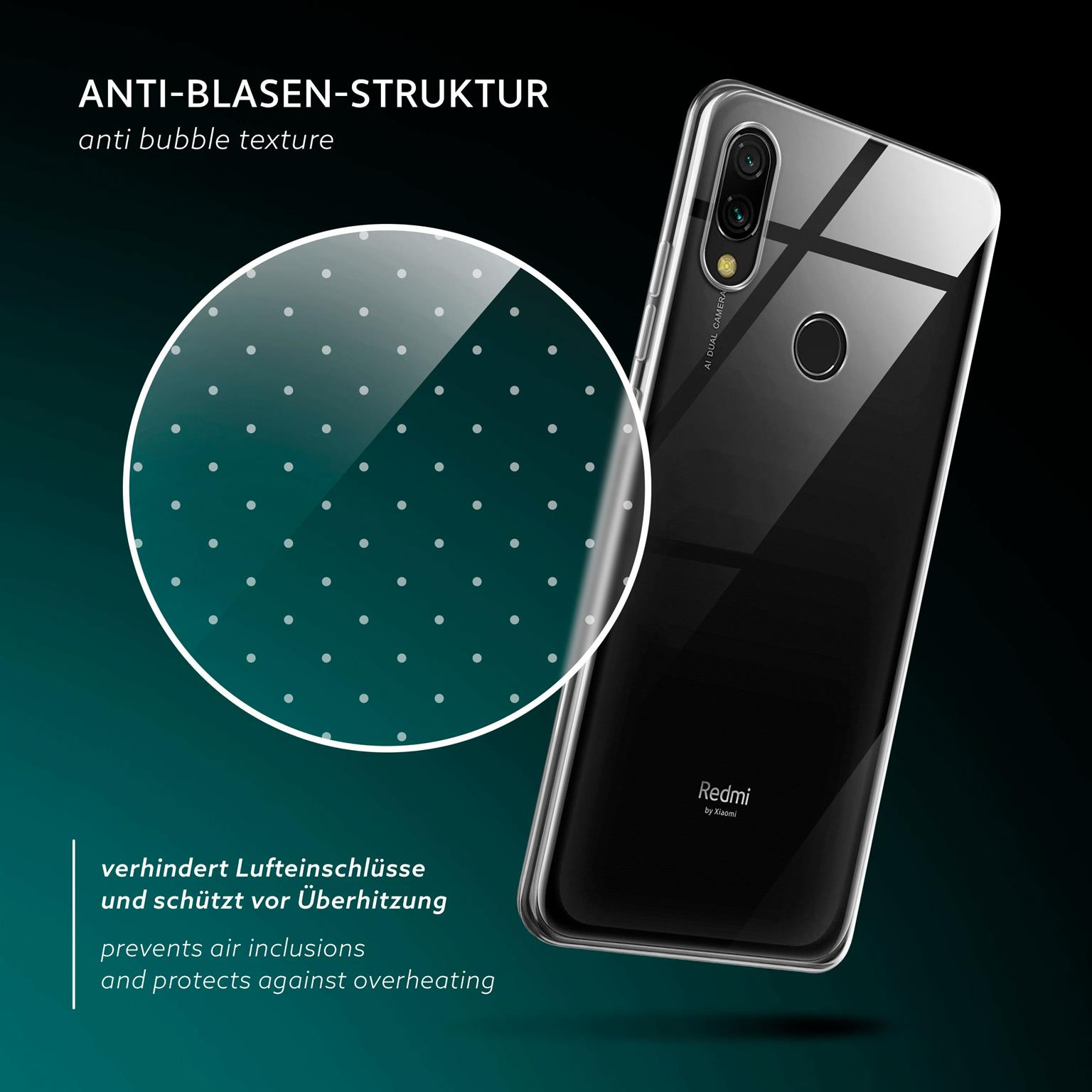 Telefon mit klarer Hülle und Nahaufnahme des Bildschirms.