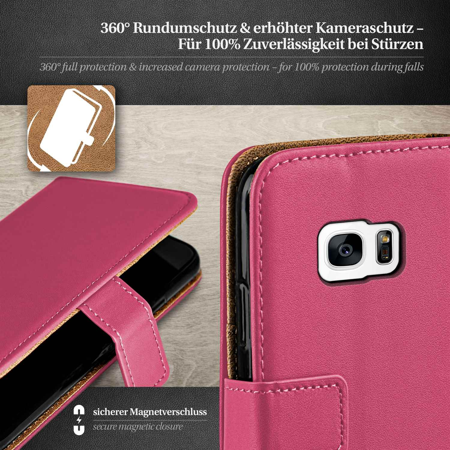 Rosa Handyhülle mit Telefon. Geöffnete Hülle mit Magnetverschluss. Grauer Hintergrund.