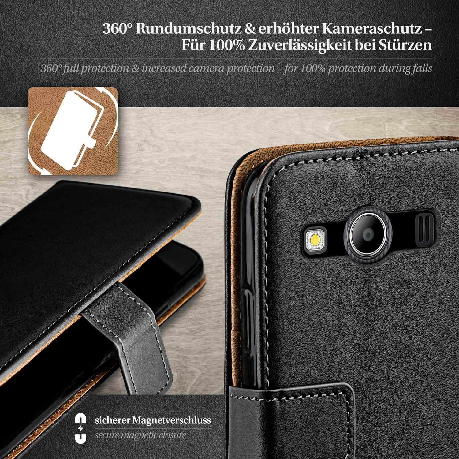 Schwarze Handyhülle mit Öffnungs- und Schließdesign. Text: 360° Schutz, sicherer Verschluss.