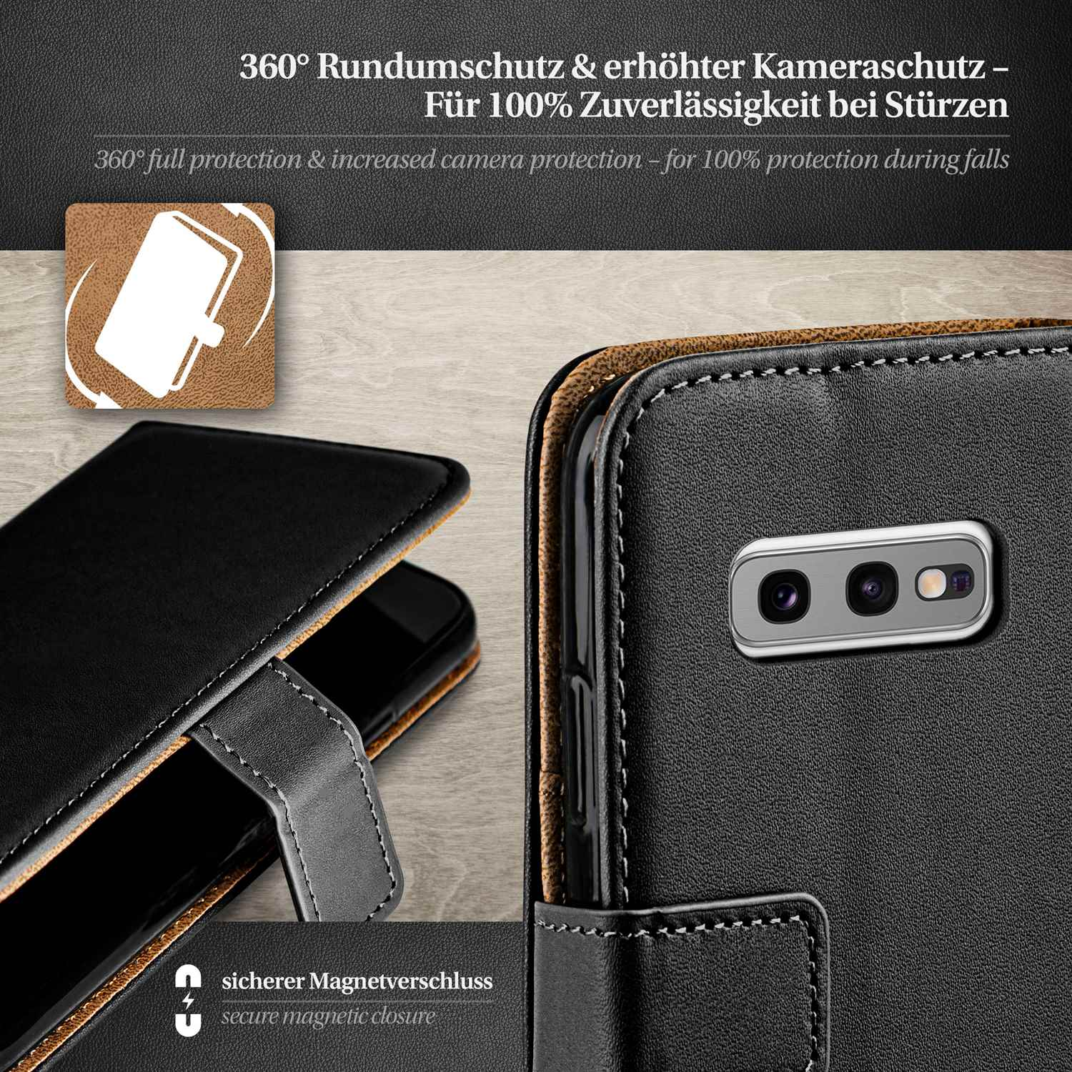 Eine Handyhülle mit sicherem Magnetverschluss und Text über 360-Grad-Schutz.