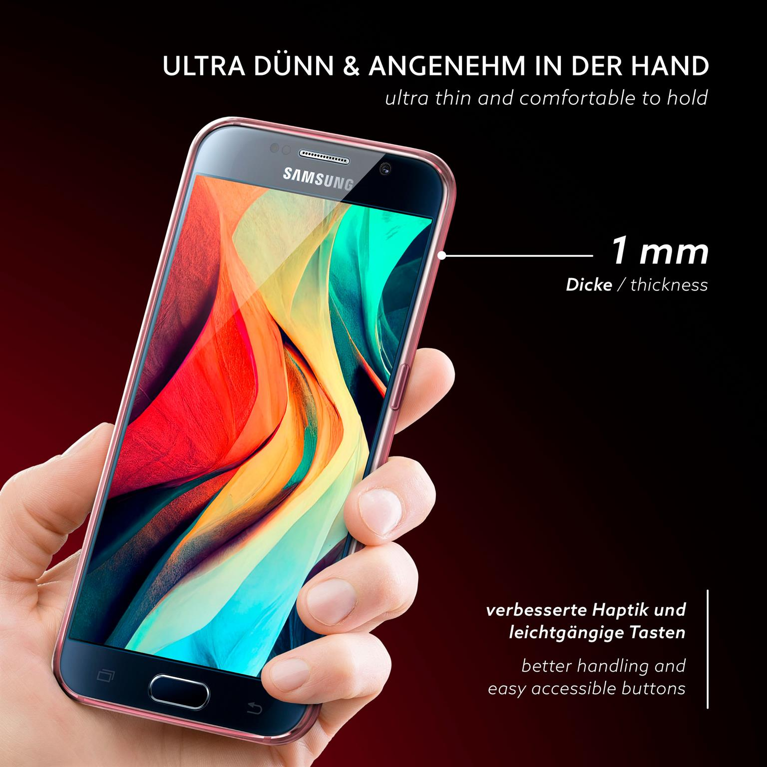 Hand hält eine pinke Handyhülle. Das Telefon ist dünn, die Hülle 1mm dick, schwarzer Hintergrund.