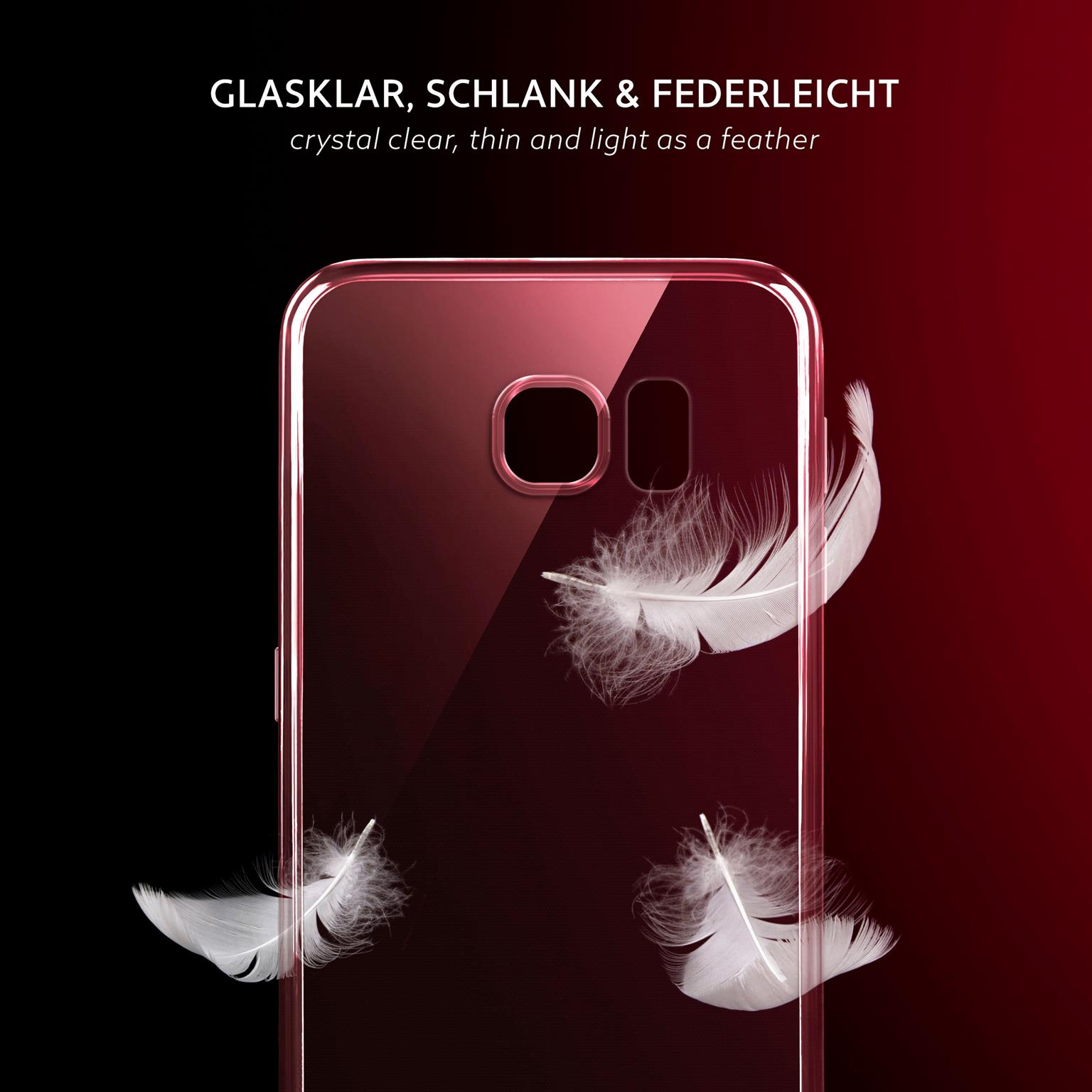 Rotes Telefon mit schwebenden Federn. Klare Hülle über dem Telefon. Dunkler Hintergrund.