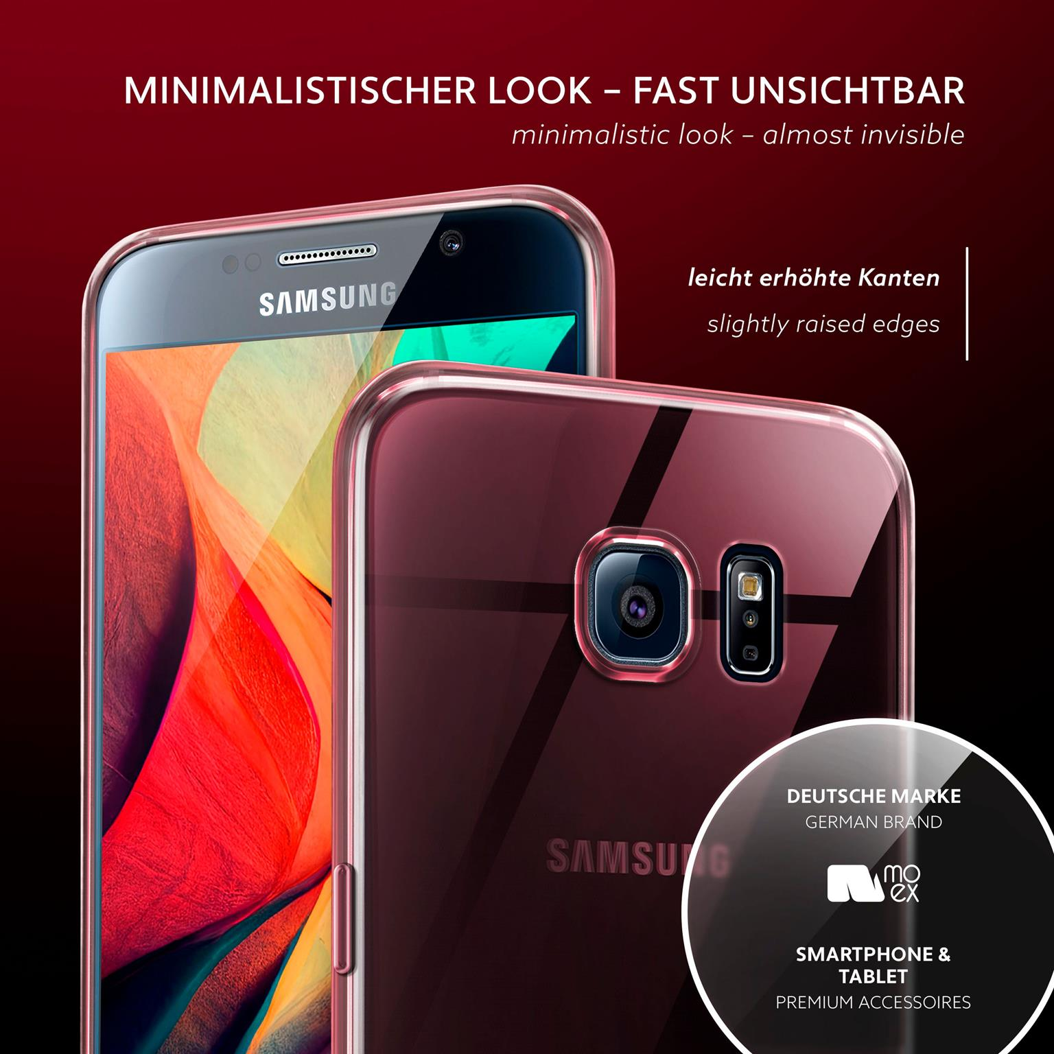 Zwei Telefone, eine klare Hülle, eine rote. Samsung-Logo sichtbar. Erhöhte Kanten.