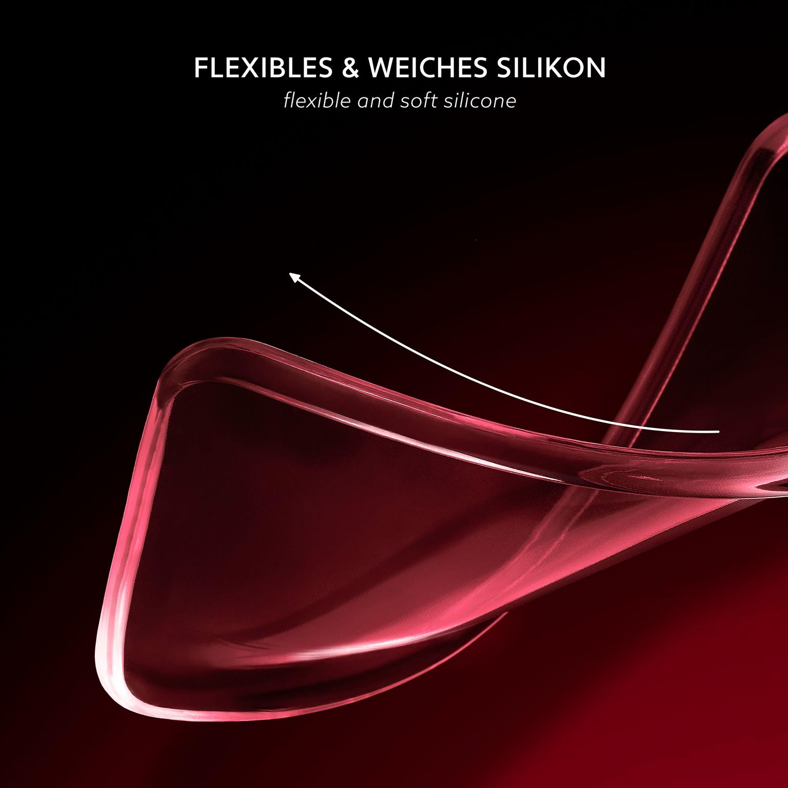 Transparente, flexible Silikon-Handyhülle in rotem Farbverlauf. Glatte, gewölbte Form.