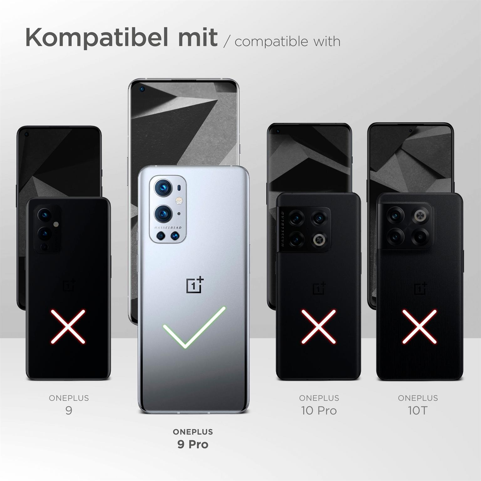 Handyhüllen. OnePlus 9 Pro als kompatibel hervorgehoben. Andere Modelle haben rote X-Markierungen.