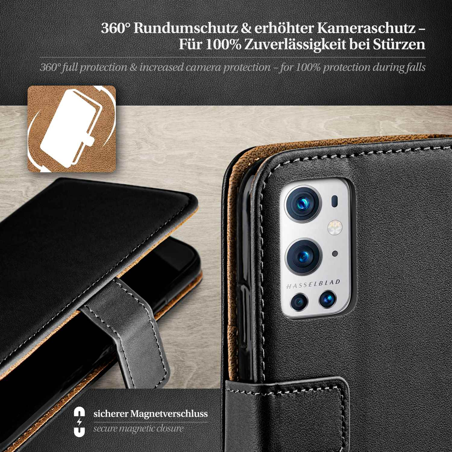 Schwarzes Telefon mit Kamera in einer Hülle.