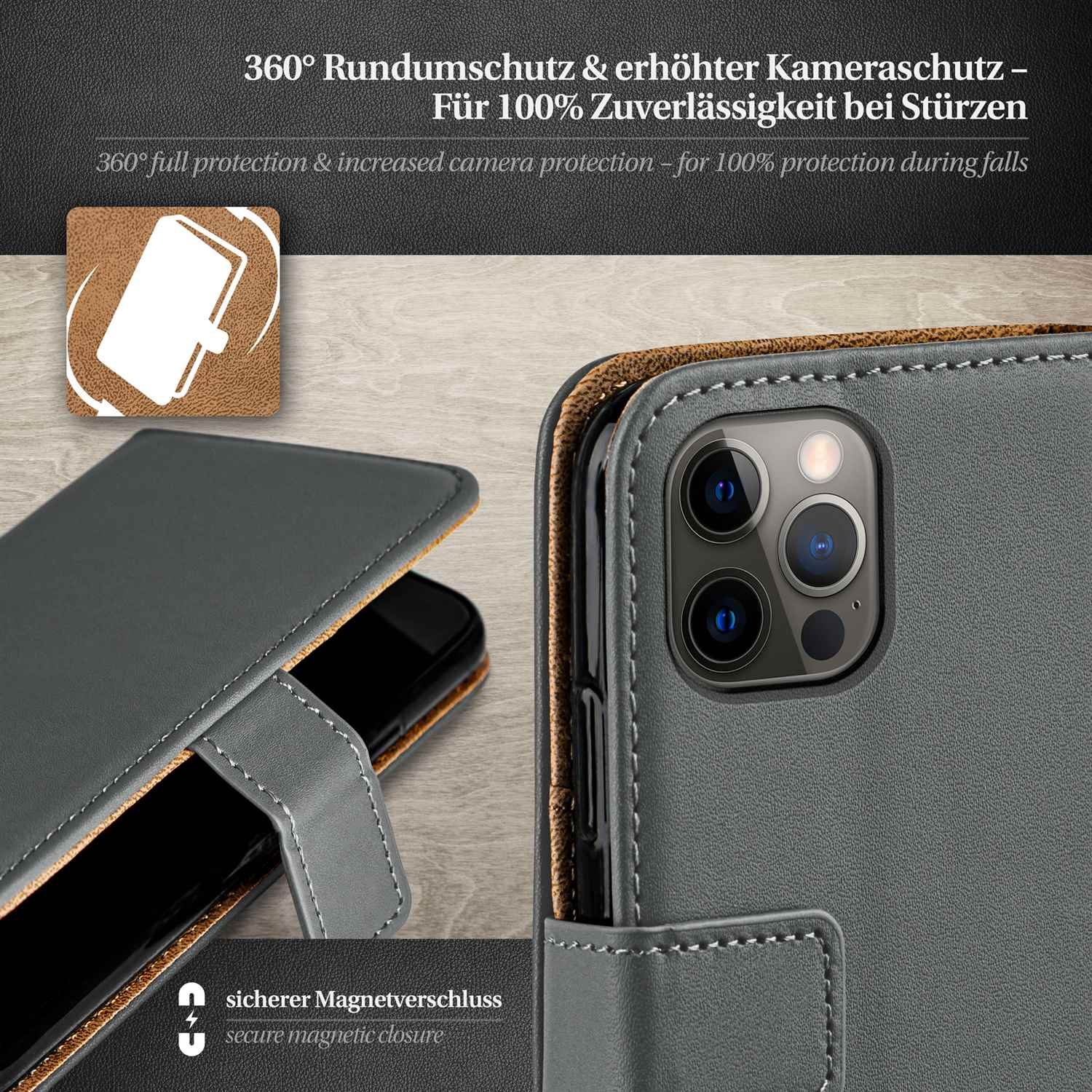 Graue Handyhülle, geöffnet, mit Telefon darin, auf braunem Hintergrund. Text: 360° Rundumschutz & erhöhter Schutz.