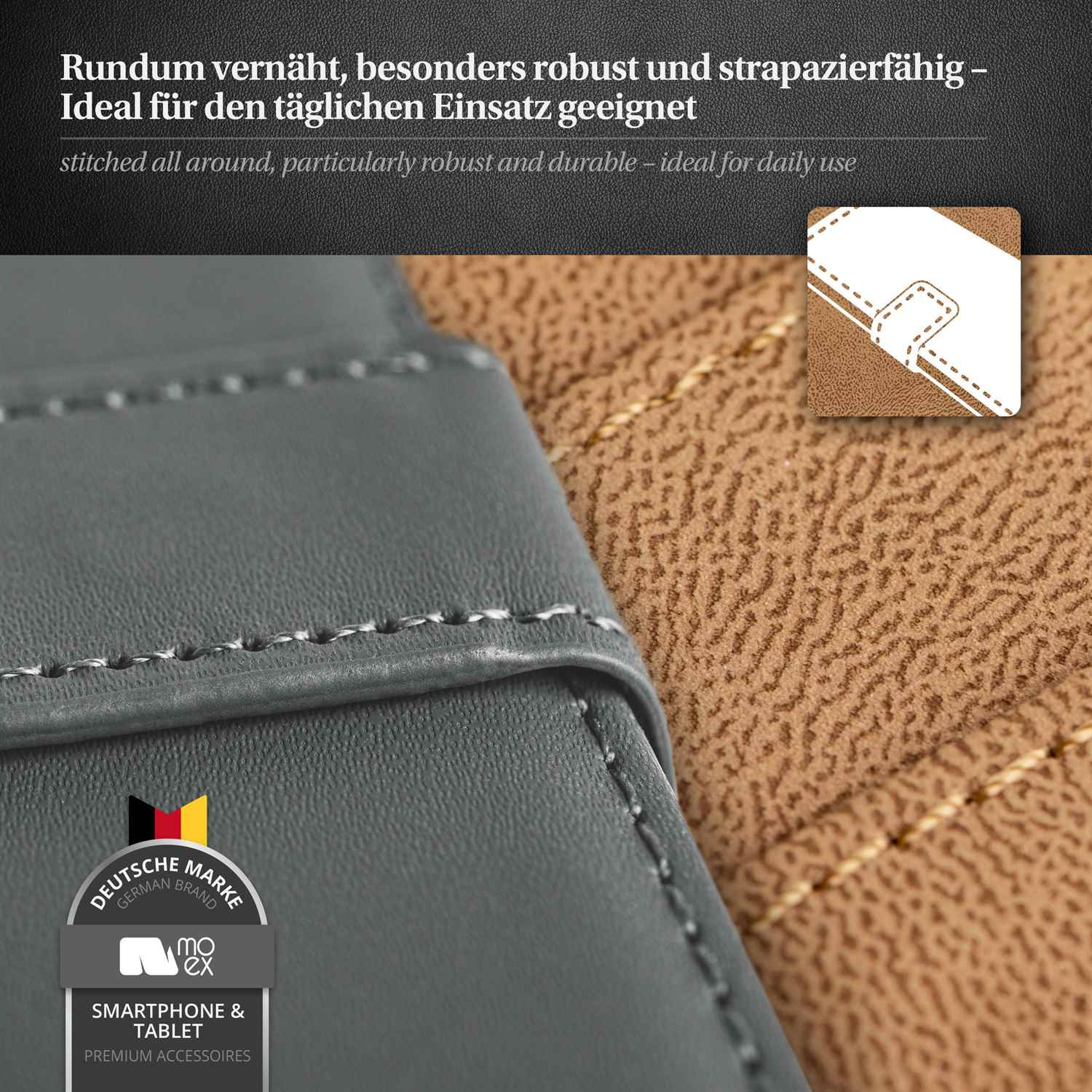 Nahaufnahme einer grauen Handyhülle mit weißen Nähten und braunem strukturiertem Innenraum.