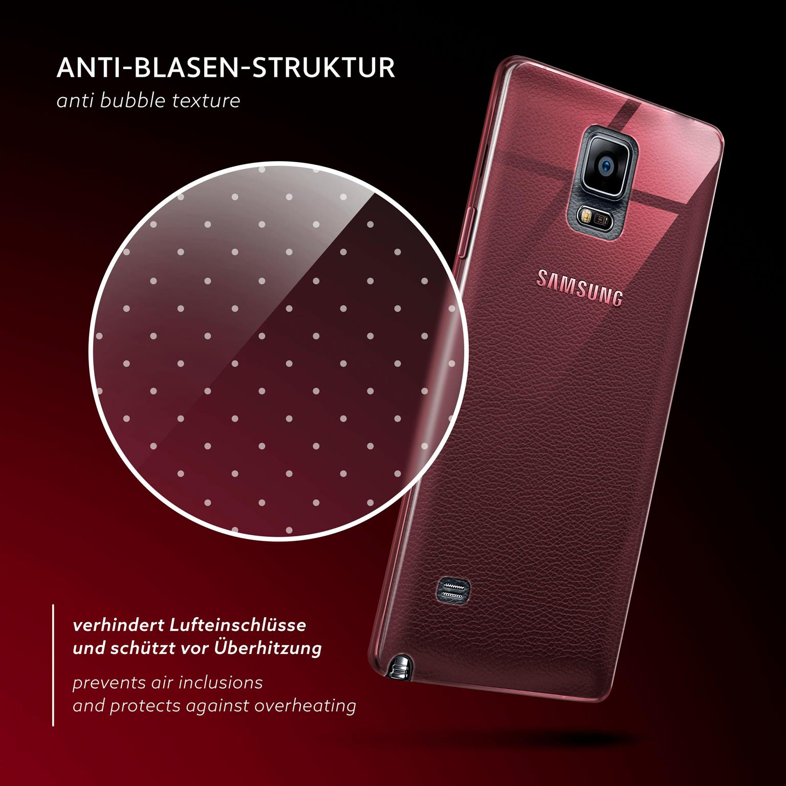 Rote Handyhülle mit Samsung-Logo. Detail der Anti-Blasen-Textur. Text über Lufteinschlüsse.