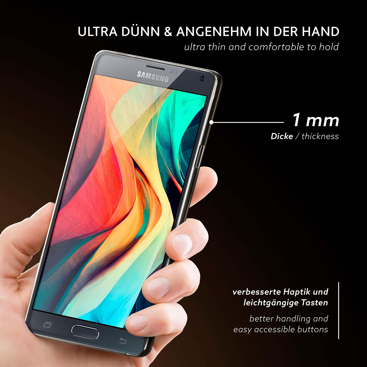 Hand hält Telefon mit schwarzem Bildschirm und klarer Hülle. Text: ultradünn und angenehm zu halten.