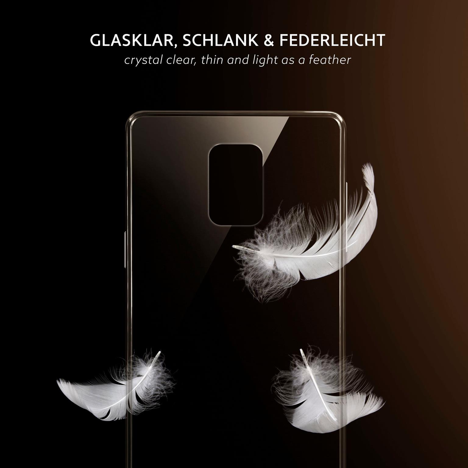 Handyhülle mit Federn, die davor schweben. Text: kristallklar, dünn und federleicht. Schwarzer Hintergrund.