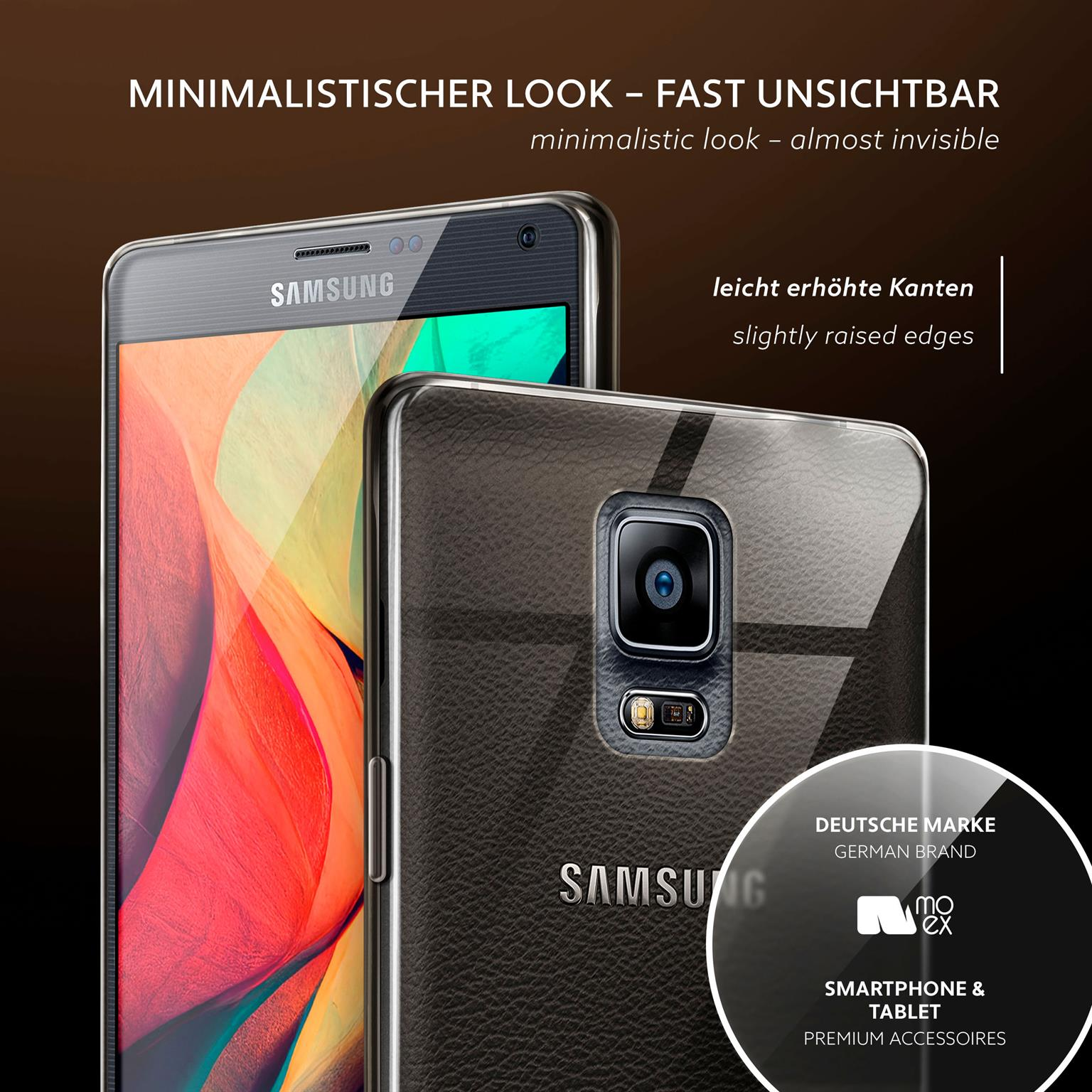 Zwei Telefone, eins mit klarer Hülle. Samsung-Text. Klare Hülle hat Ledertextur.