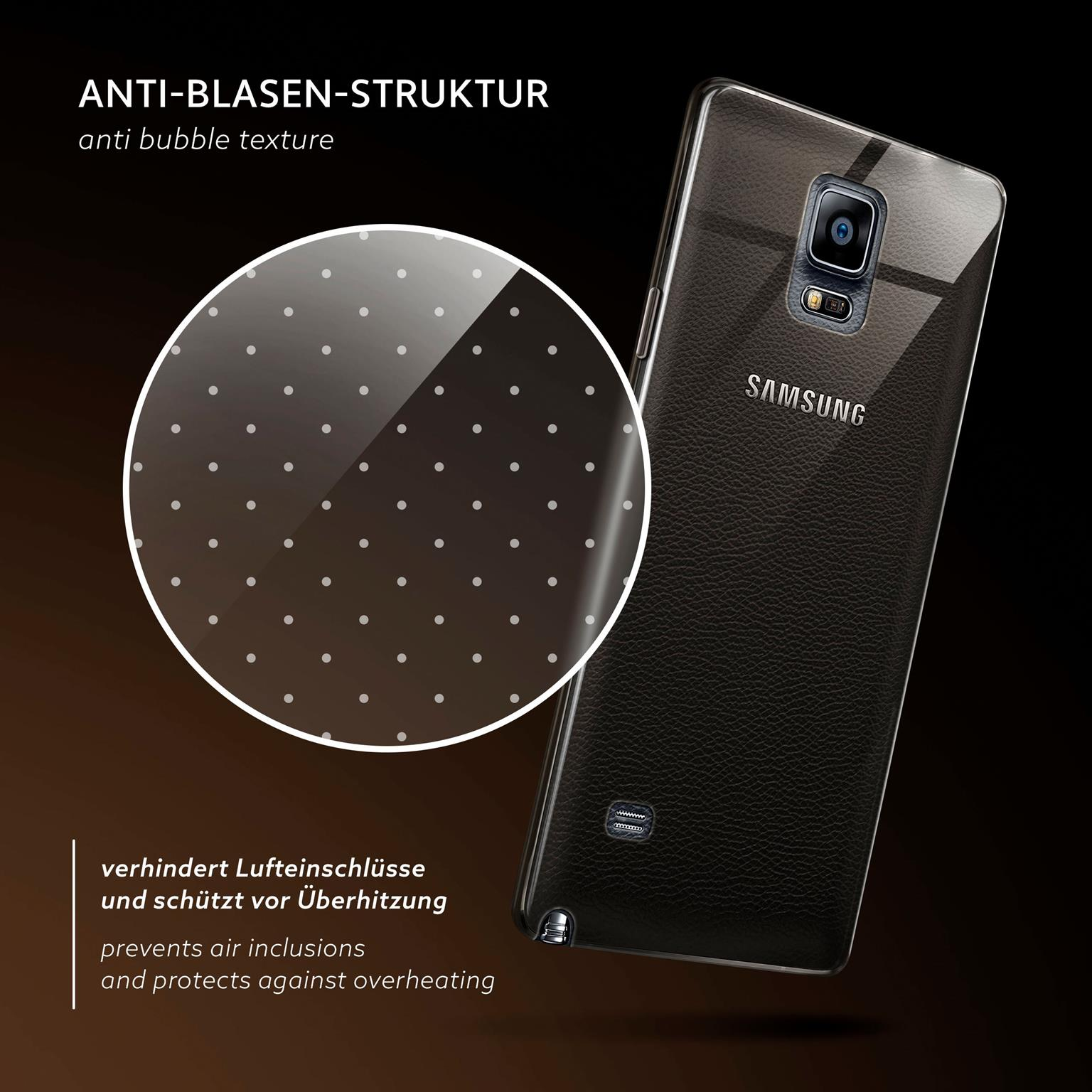 Transparente Handyhülle auf Telefon, Nahaufnahme der Anti-Blasen-Struktur und Samsung-Logo.