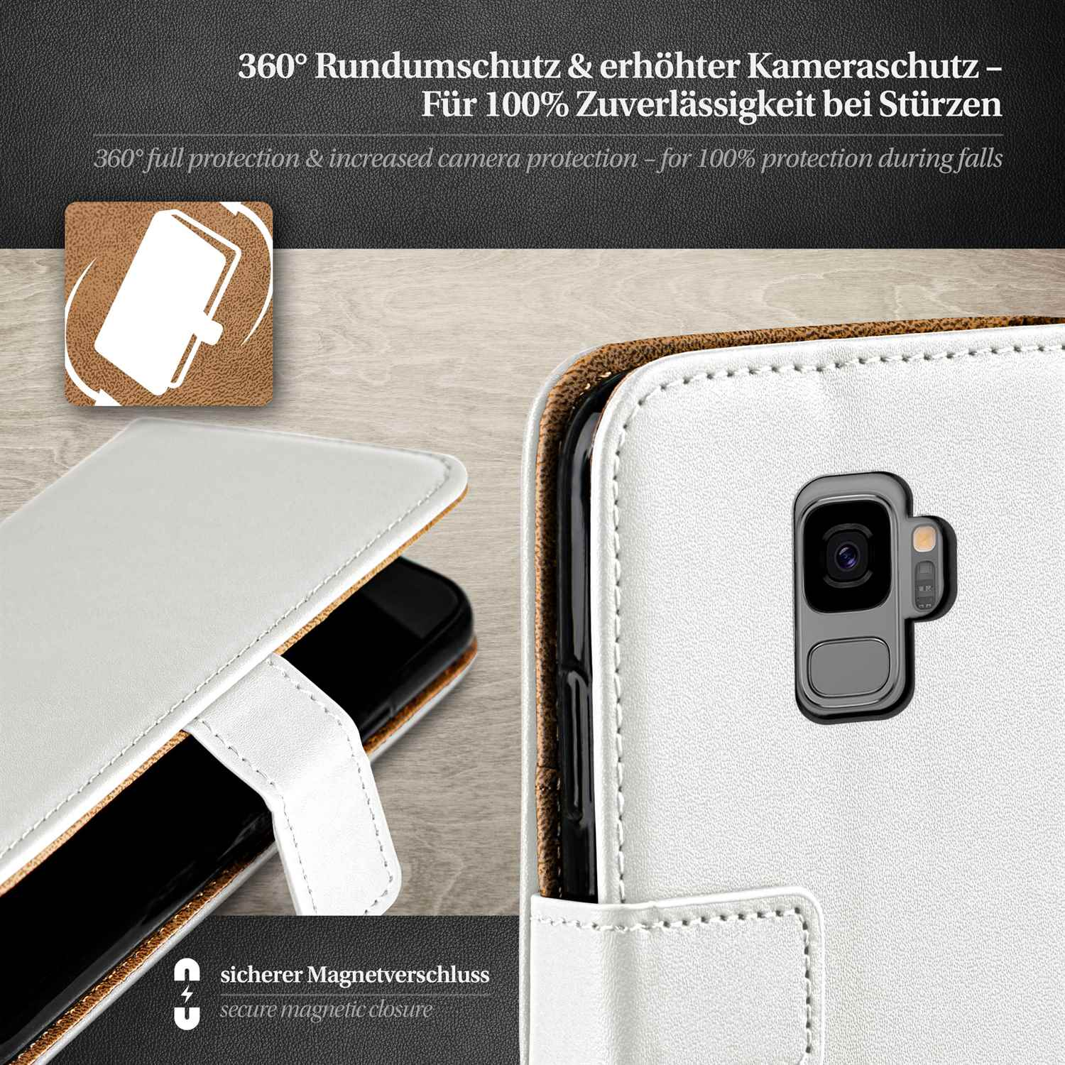 Eine weiße Handyhülle mit einem schwarzen Telefon darin, mit Magnetverschluss.