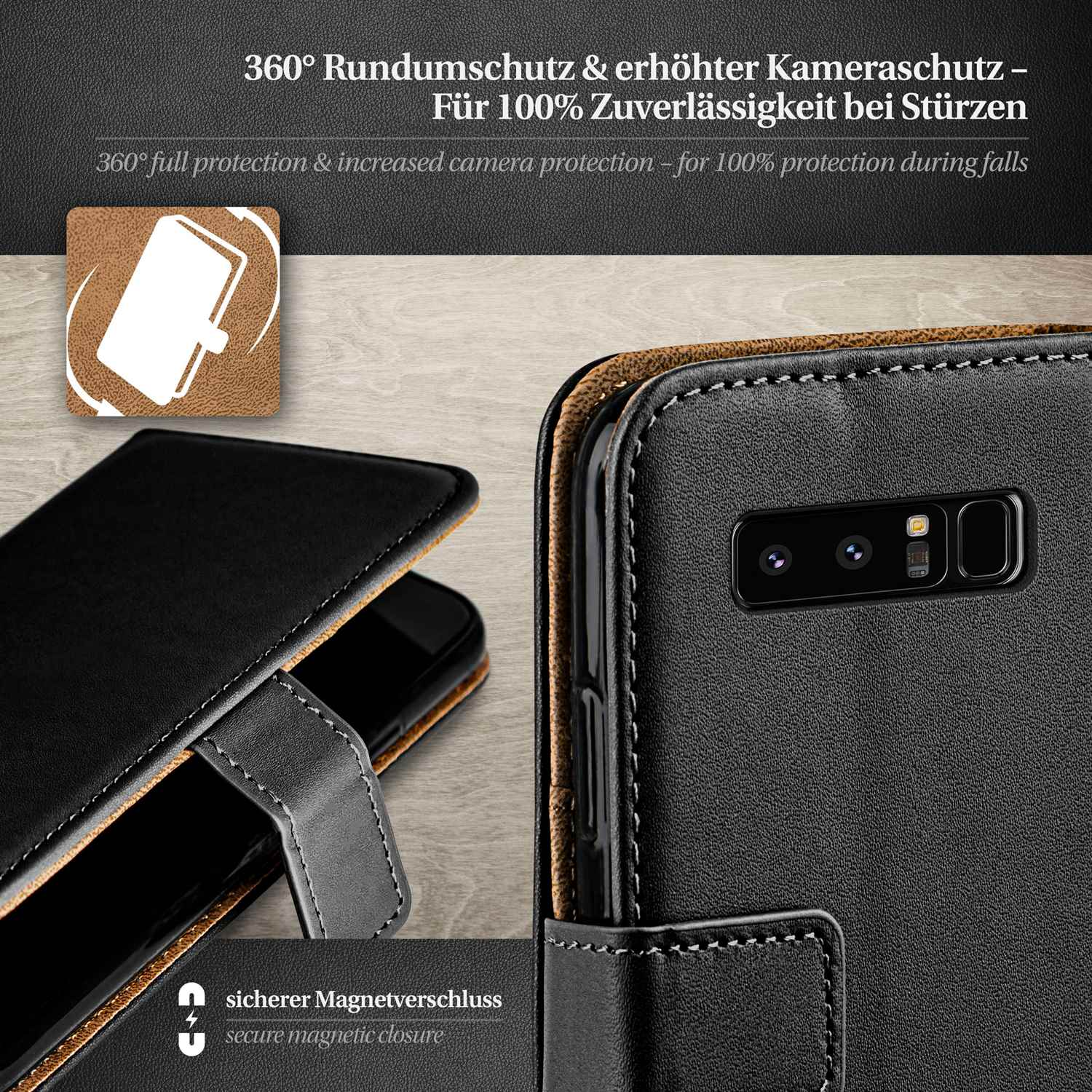 Schwarze Handyhülle. Text: 360° Rundumschutz & erhöhter Kameraschutz. Sicherer Magnetverschluss.