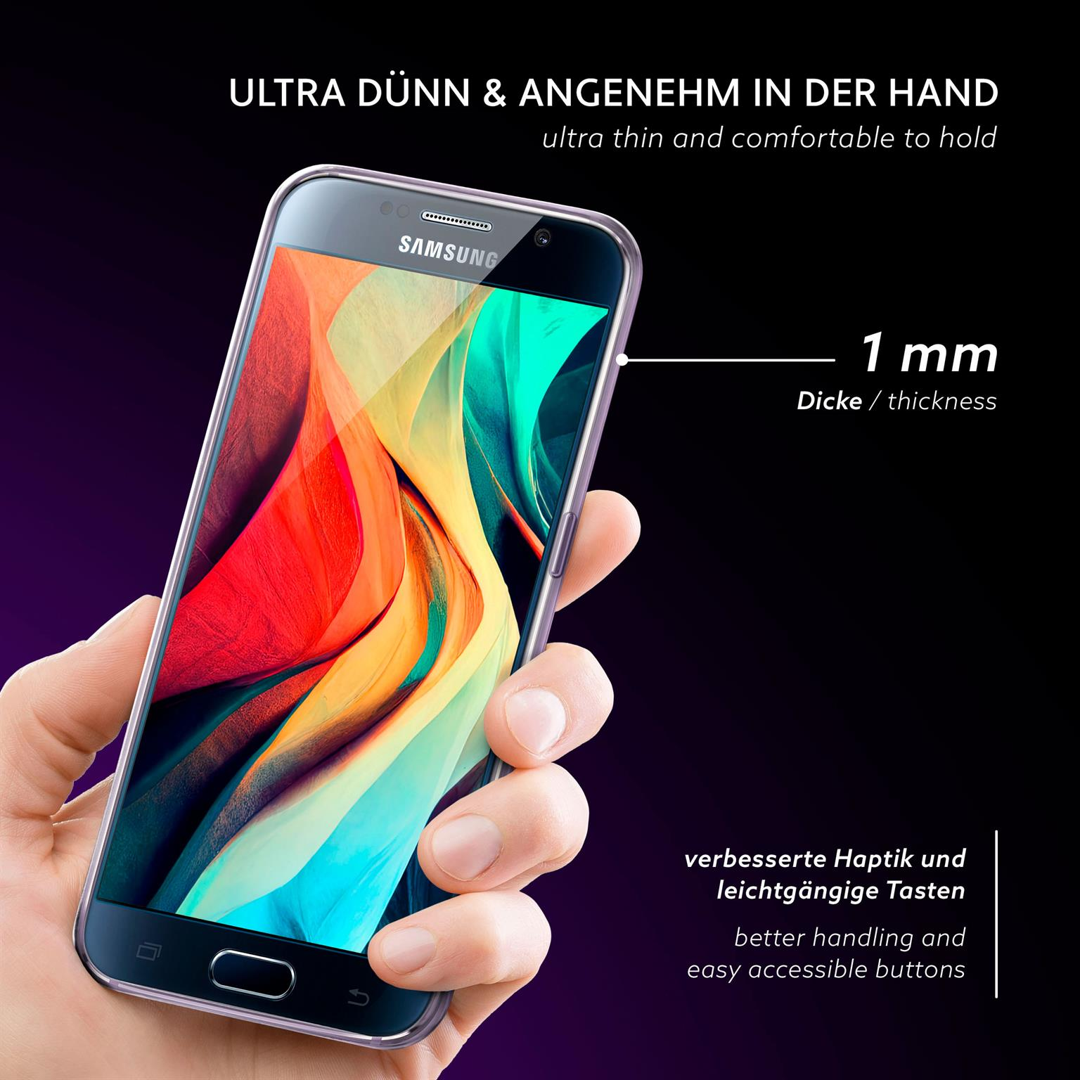 Eine Hand hält ein Telefon mit durchsichtiger Hülle und lila Farbton. Text über die dünne des Telefons.