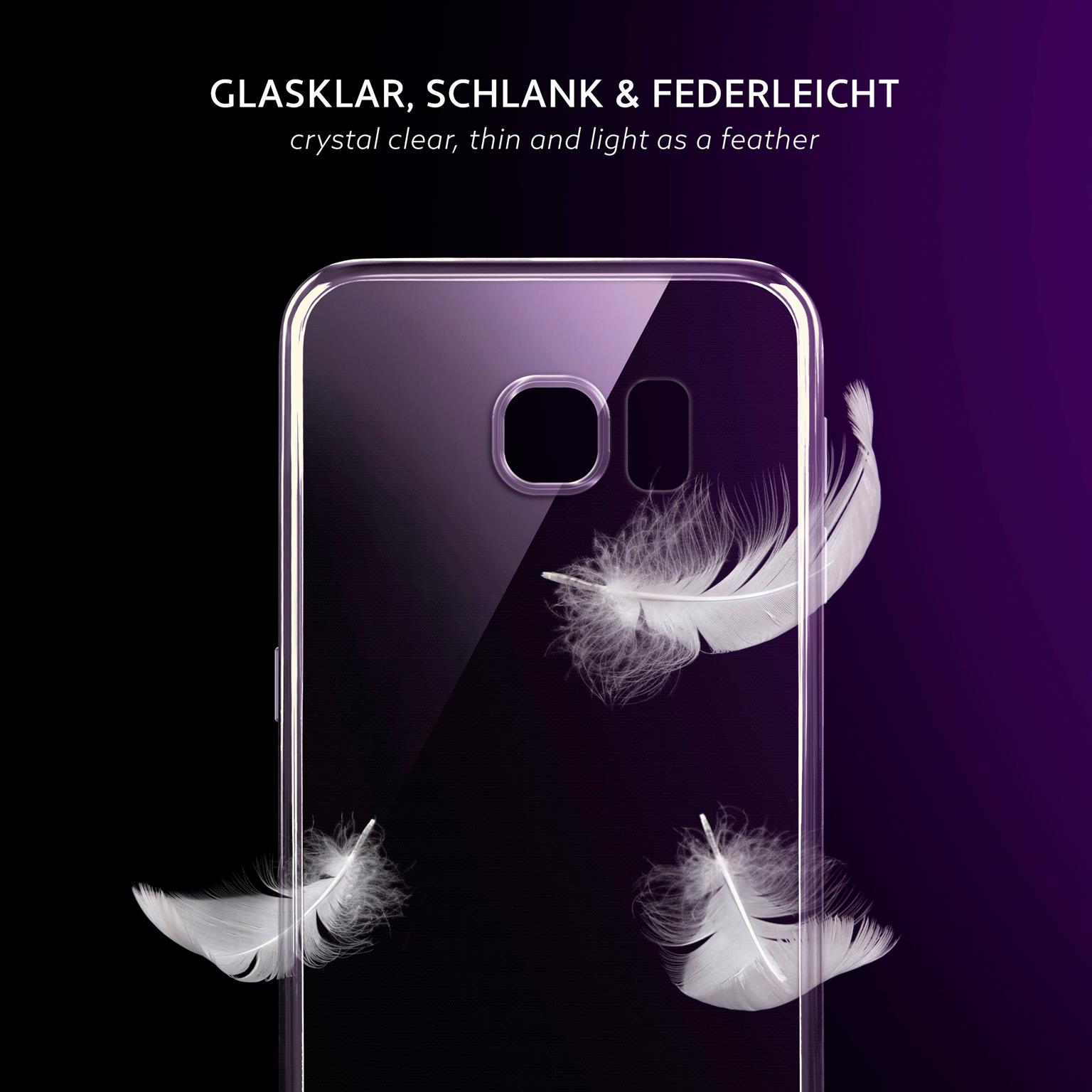 Transparente Handyhülle mit weißen Federn. Lila Farbverlauf. Telefonkamera sichtbar.
