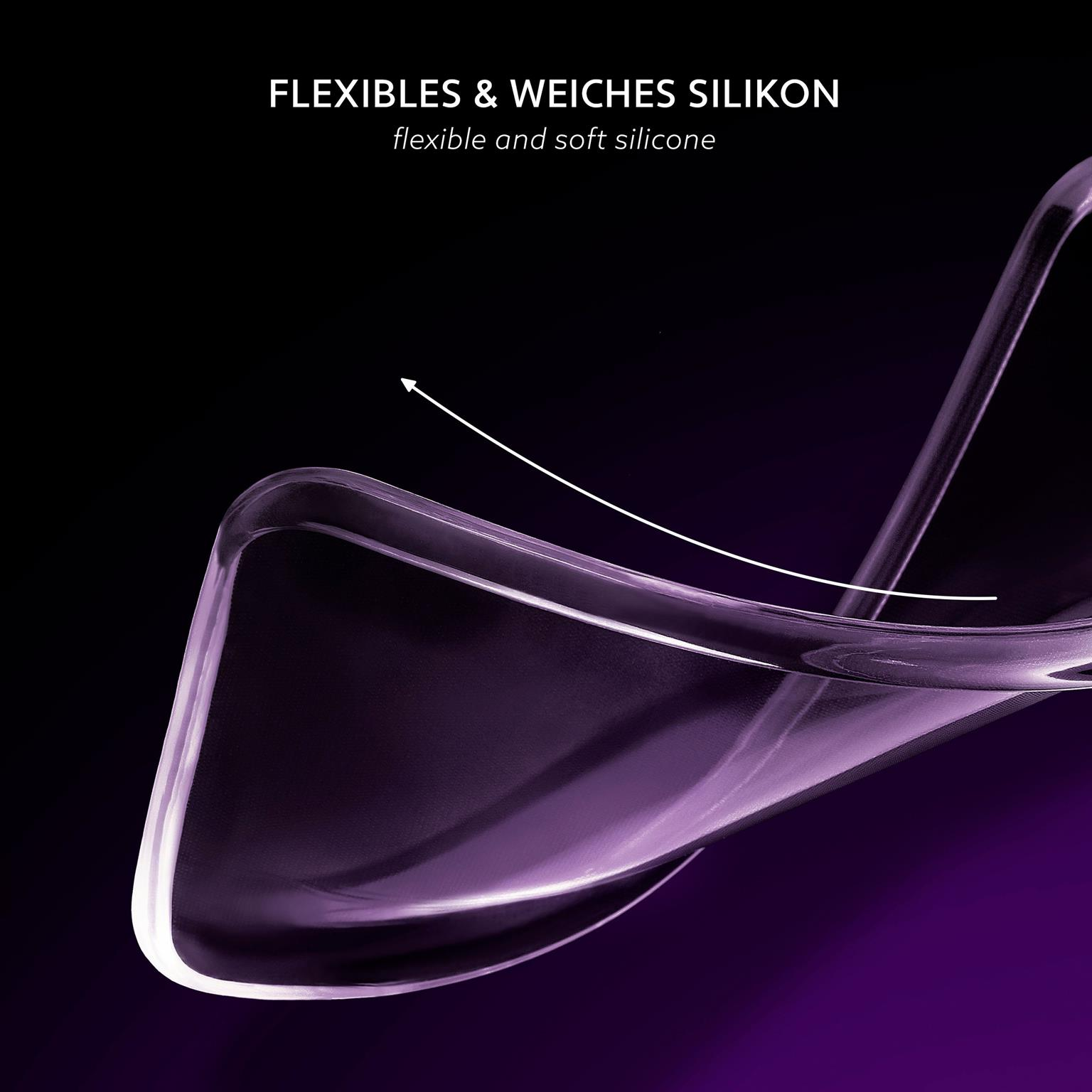 Transparente, flexible Silikon-Handyhülle mit geschwungener Form vor dunklem lilafarbenem Hintergrund.
