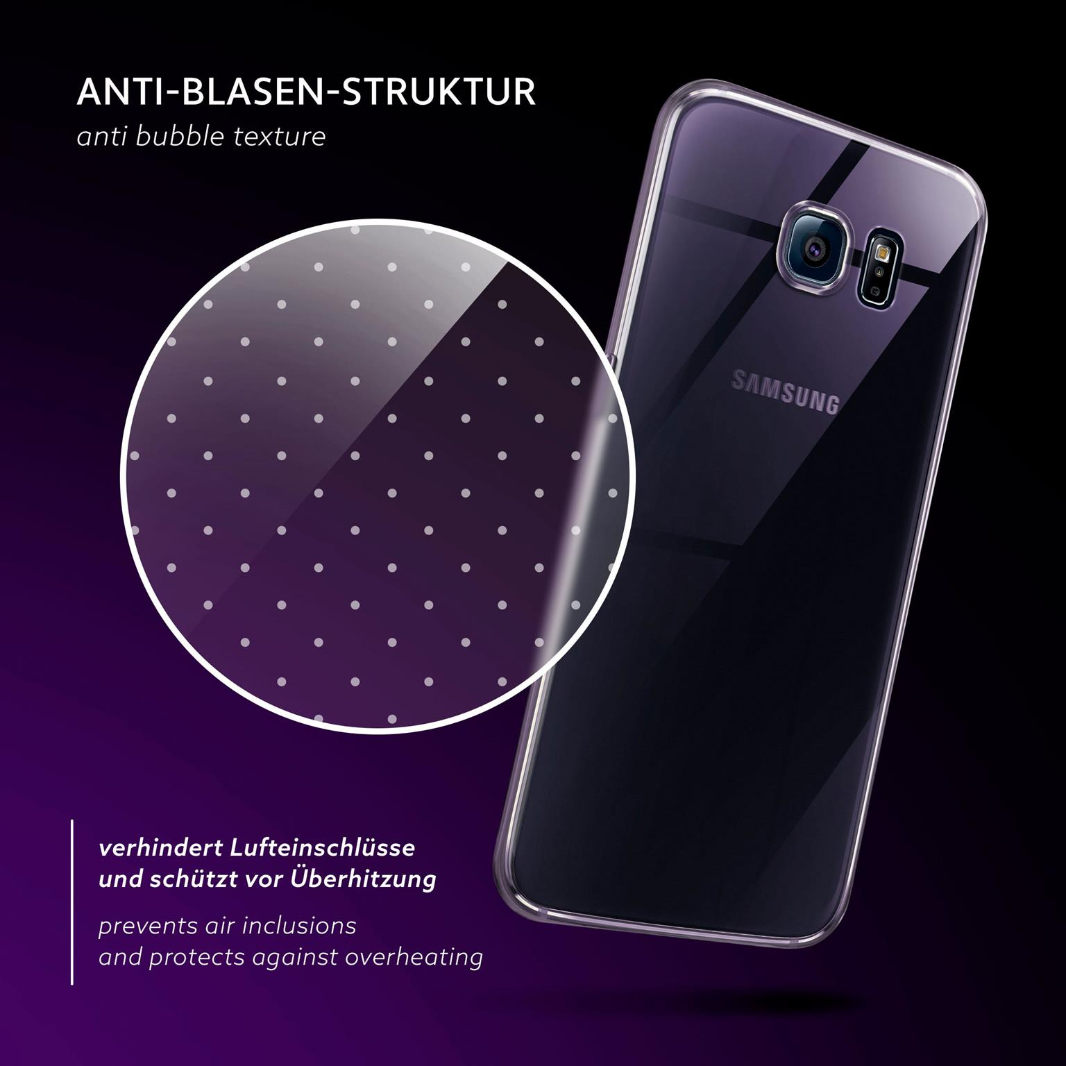 Transparente Handyhülle auf einem Telefon mit Samsung-Logo. Anti-Blasen-Textur. Text: Verhindert Lufteinschlüsse und schützt vor Überhitzung.