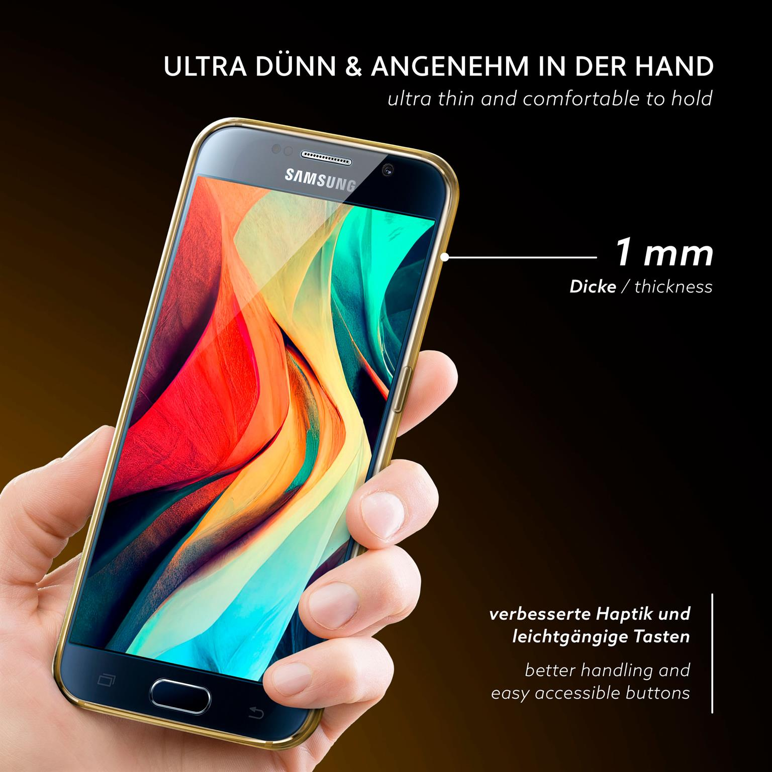 Hand hält Telefon in goldener Hülle. Telefon ist dünn, nur 1 mm dick.