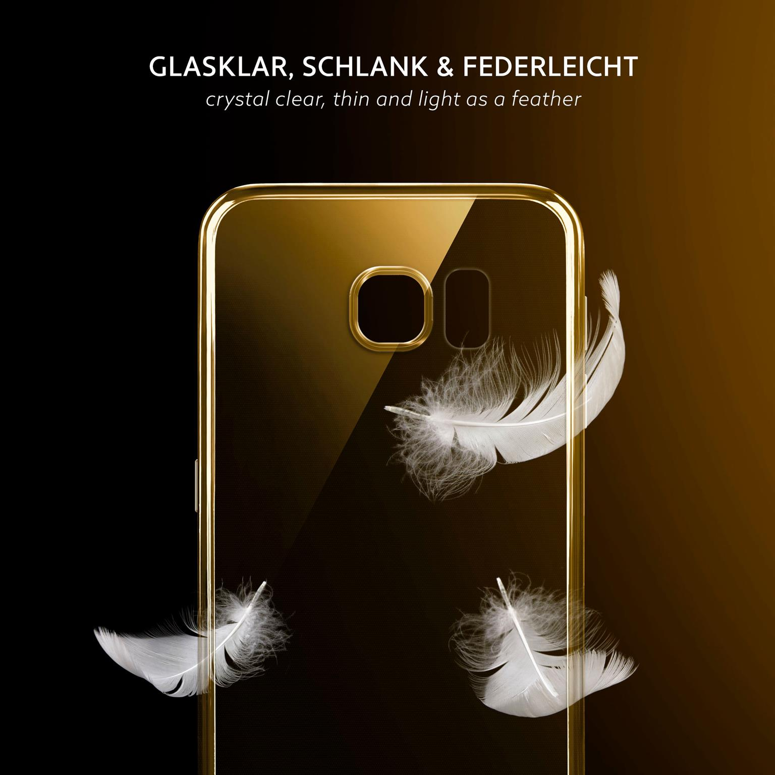Goldenes Handycase mit schwebenden weißen Federn. Der Hintergrund ist braun-schwarz.