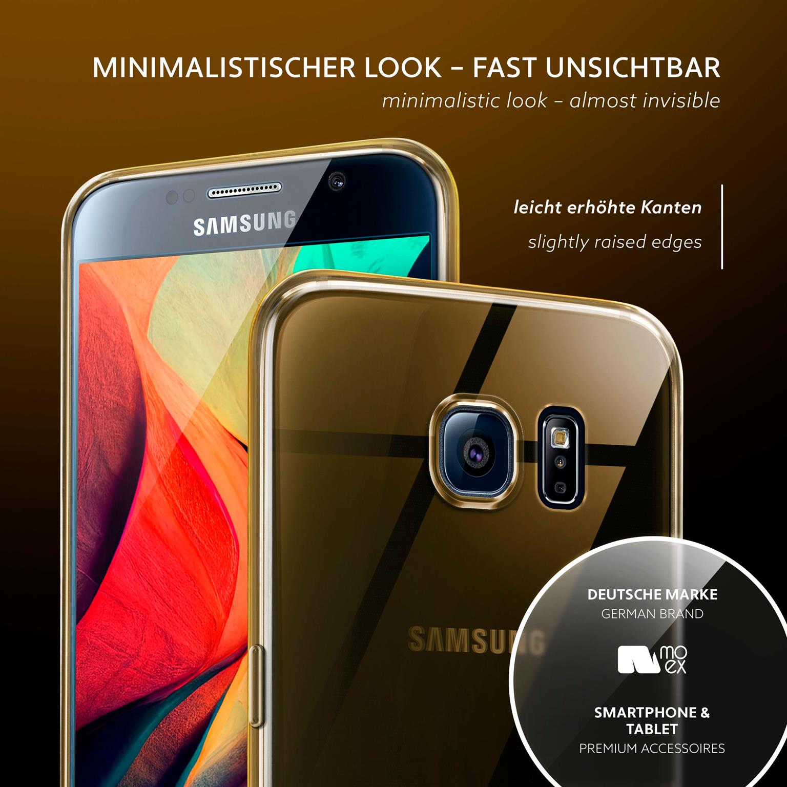 Zwei Telefone in transparenten Hüllen. Eines hat eine transparente, das andere eine leicht goldene Hülle. Logo in Ecke.