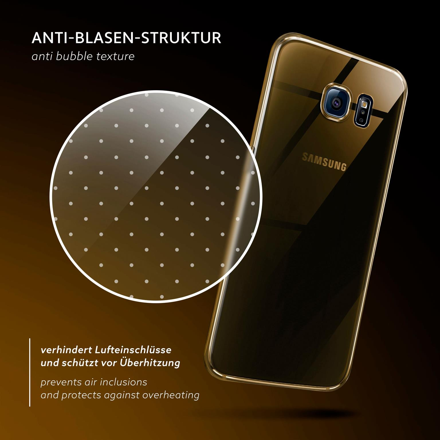 Telefon in transparenter Hülle mit Blasen. Text: Verhindert Lufteinschlüsse & Überhitzung.