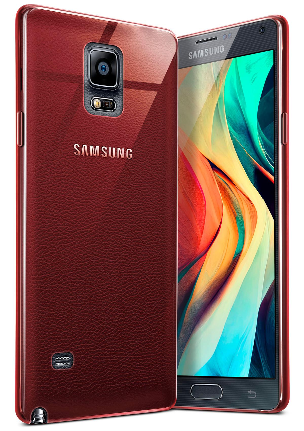 Rotes Telefon in Hülle. Klare Rückseite, Samsung-Logo. Abstrakter Hintergrund.