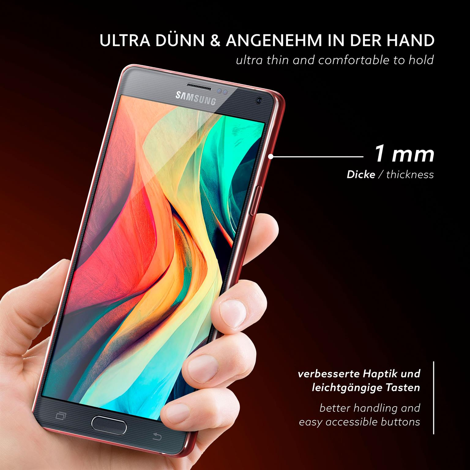 Hand hält rotes Telefon, Bildschirm sichtbar. Telefon sehr dünn, Tasten zugänglich.