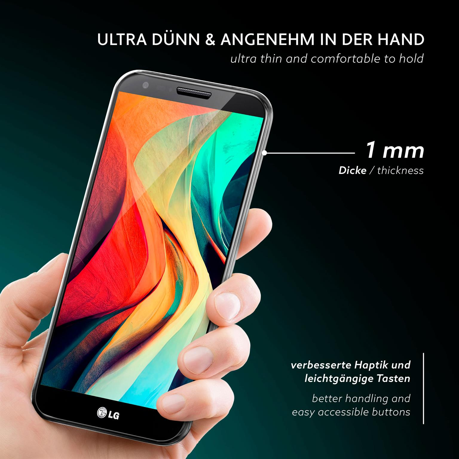 Hand hält Telefon, Bildschirm zeigt farbenfrohe Abstraktion. Dicke 1mm. Schwarzer Hintergrund.