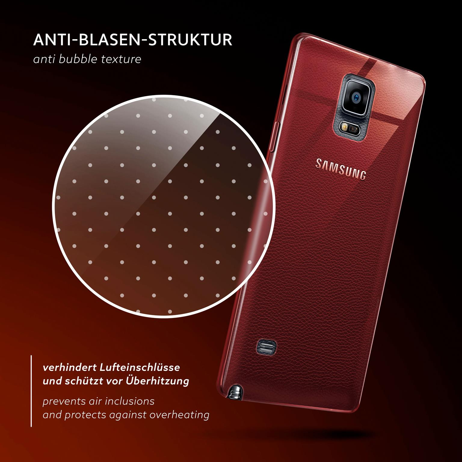 Rotes Telefon in einer transparenten Hülle mit Blasen verhindernder Textur. Dunkler Hintergrund mit Text.