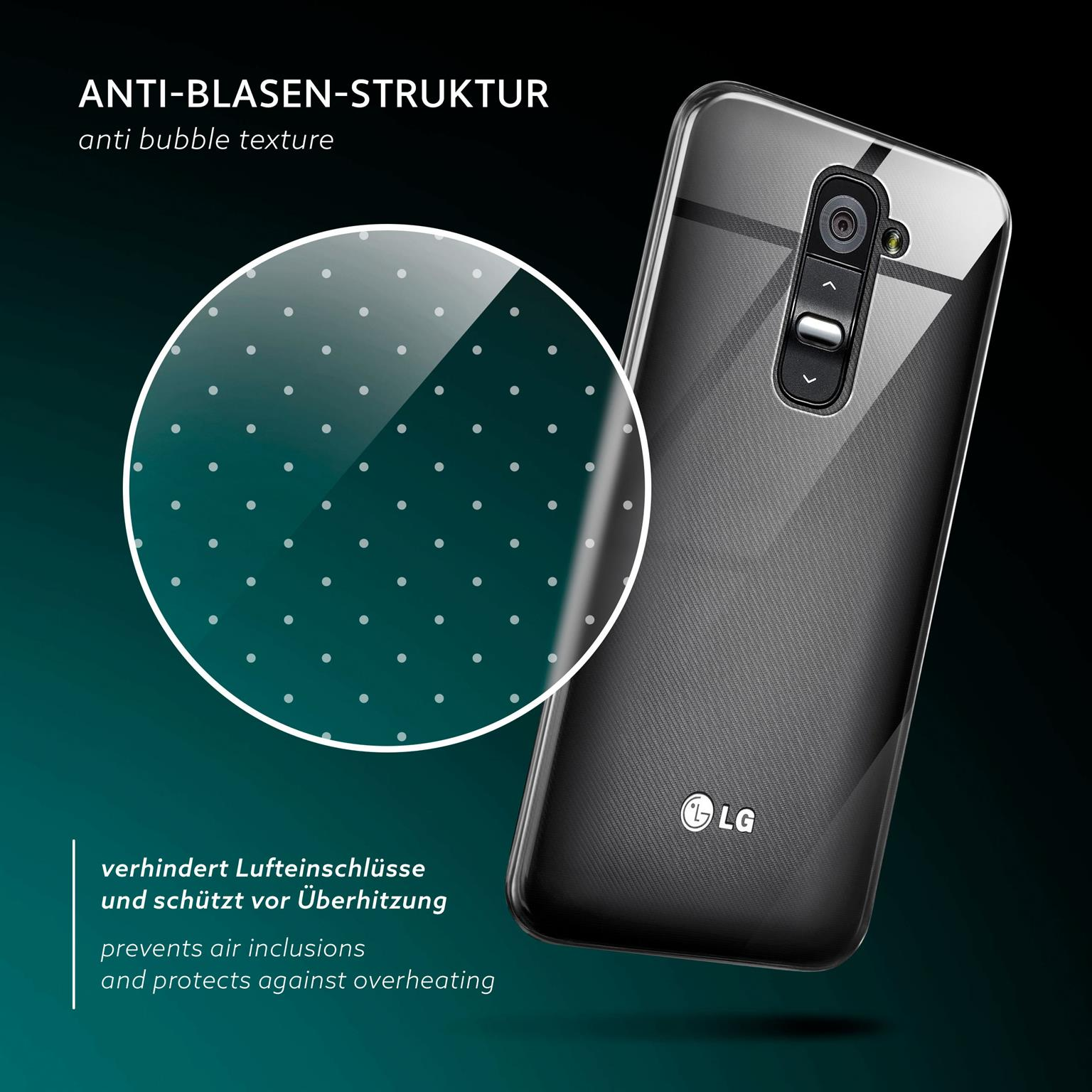 Transparente Handyhülle mit Blasenstruktur auf schwarzem Telefon. LG-Logo sichtbar.