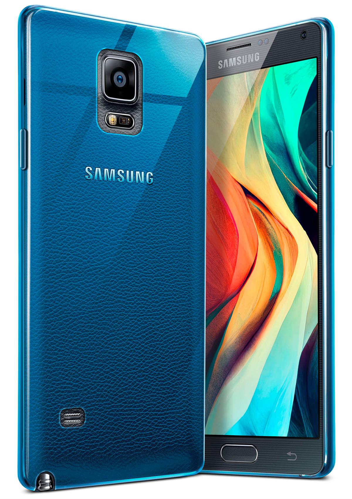 Blaues Samsung-Telefon mit transparenter blauer Hülle. Lederstruktur auf Rückseite.
