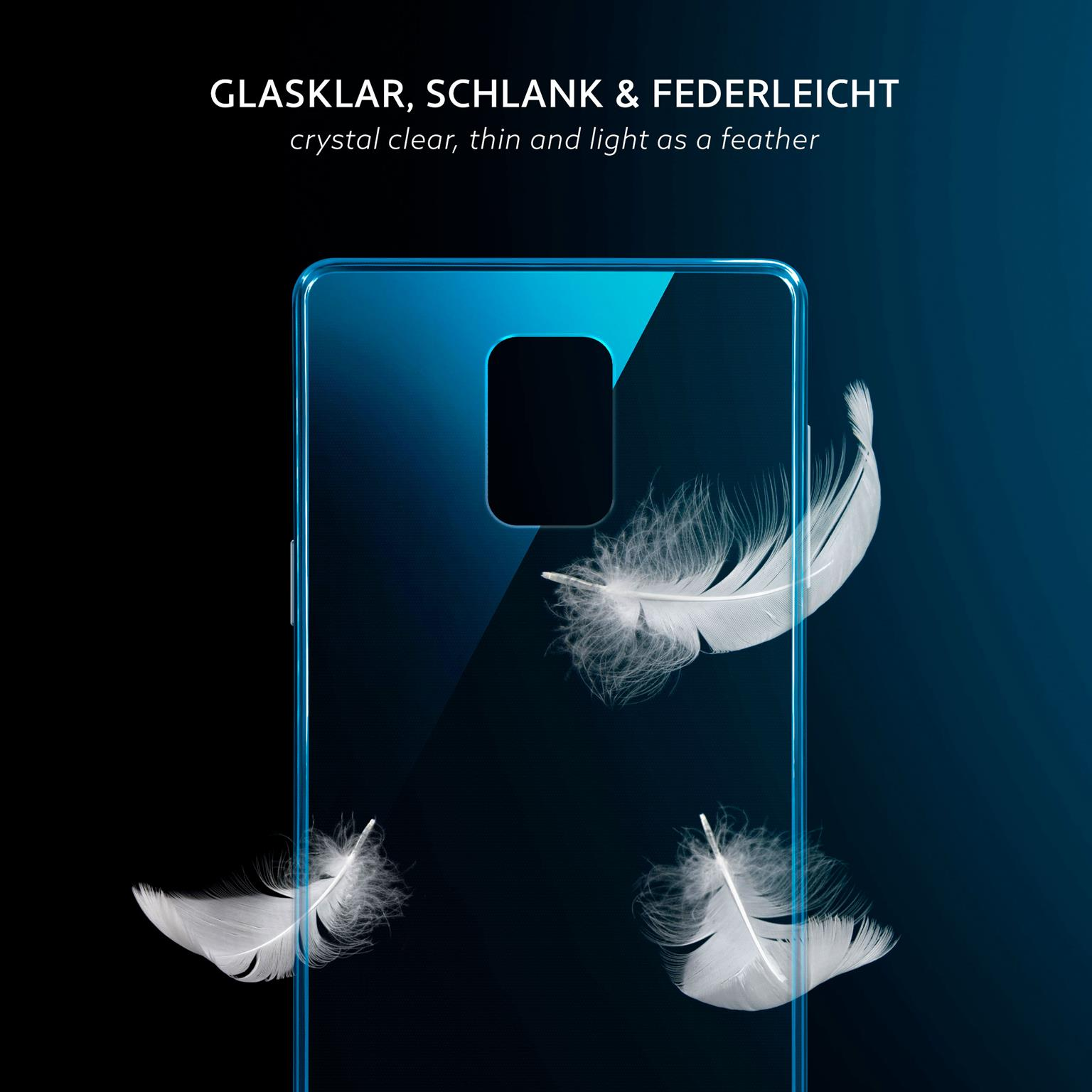 Blaue Handyhülle mit Federn. Text: Kristallklar, dünn und federleicht.