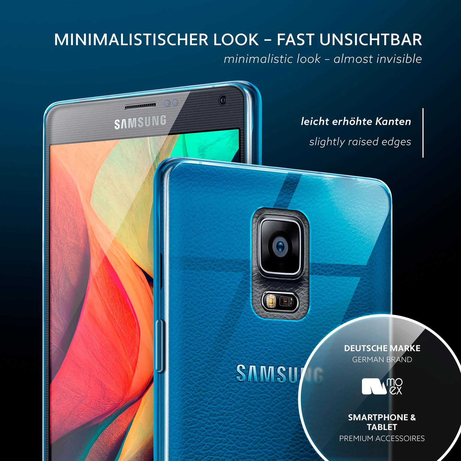 Blaue Handyhülle mit Samsung Telefon. Ein weiteres Telefon dahinter. Weißer Text über das Produkt.