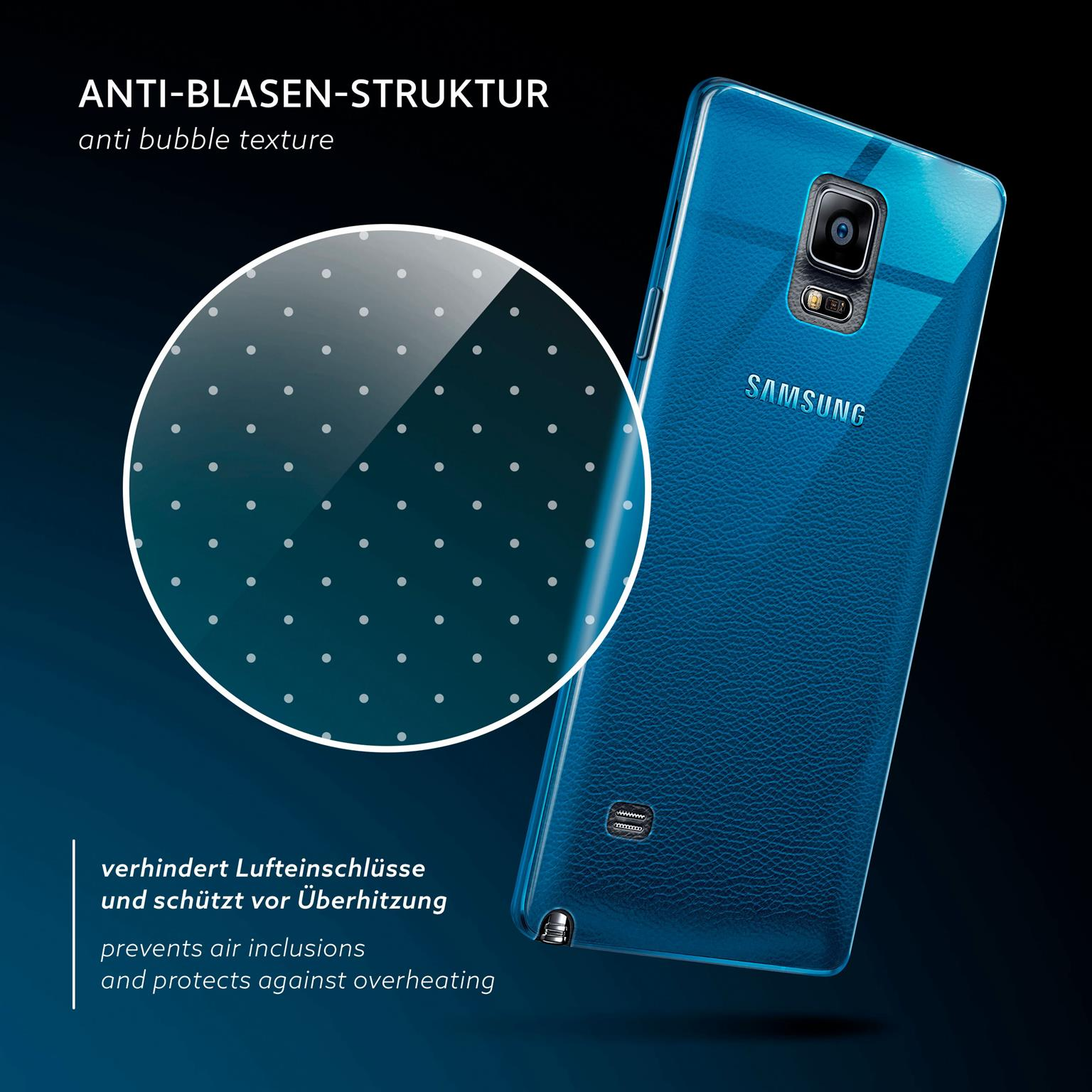 Eine blaue Handyhülle mit einer Nahaufnahme der gepunkteten Textur und einem Telefon in der Hülle.