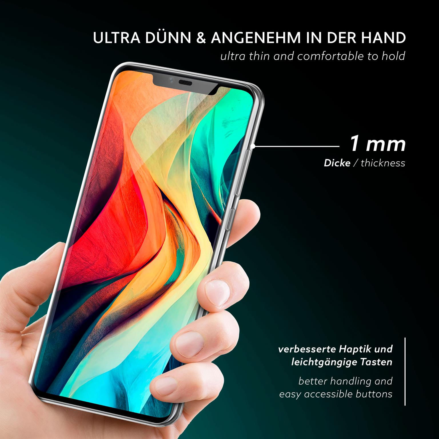 Eine Hand hält ein schwarzes Telefon. Es hat einen Bildschirm mit 1 mm Dicke und leicht zugänglichen Tasten.