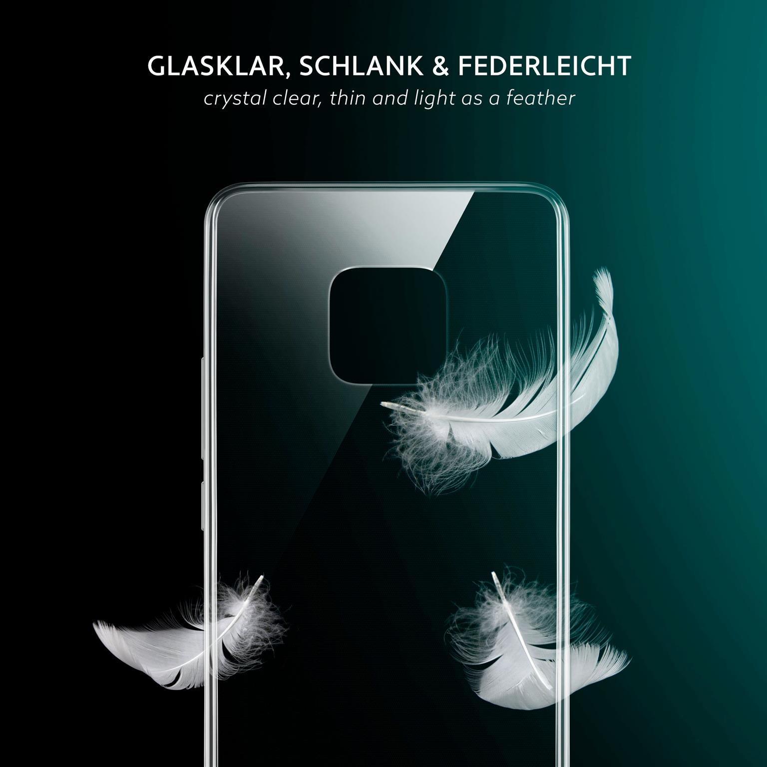 Transparente Handyhülle mit Telefon. Federn schweben im Hintergrund. Text: kristallklar, dünn.