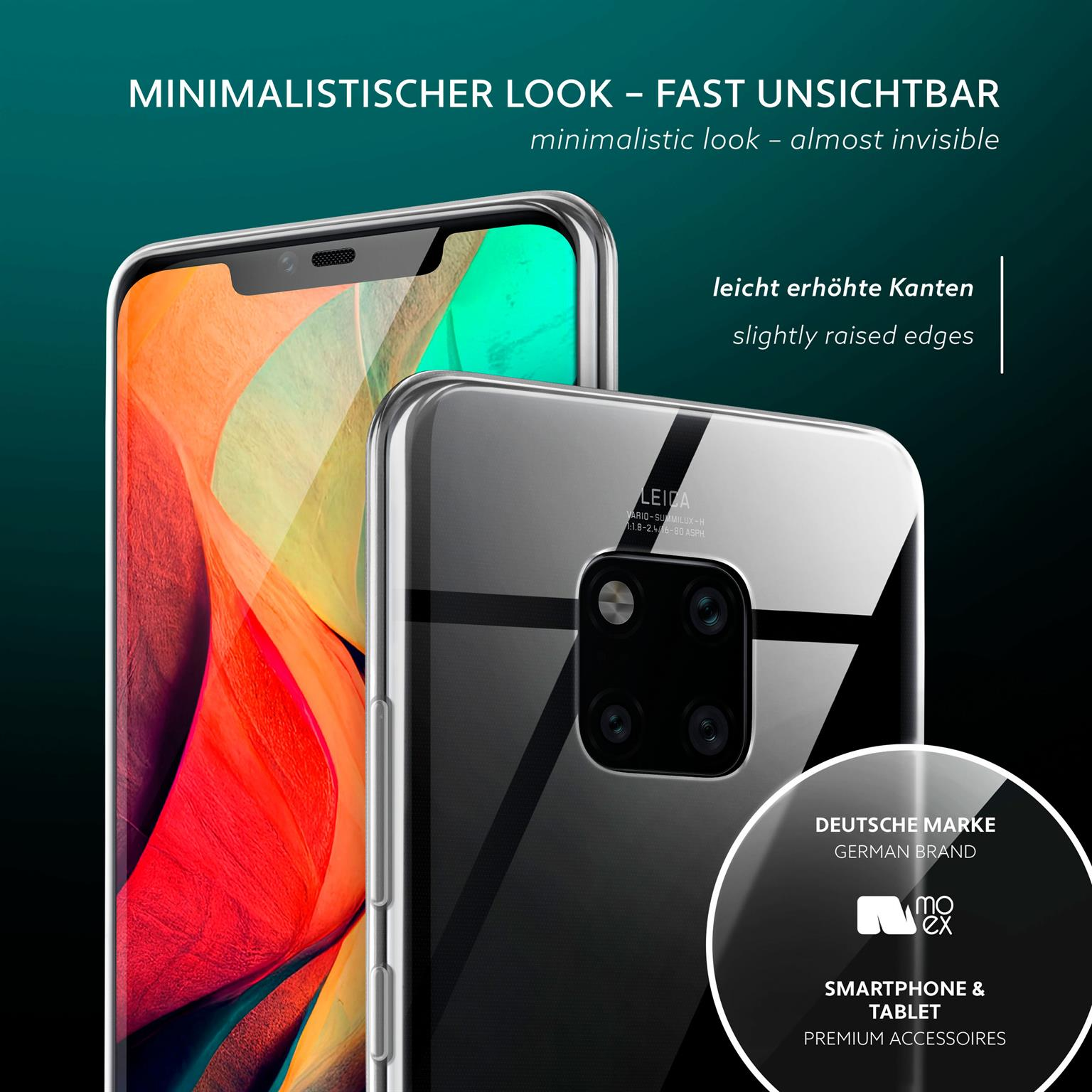 Eine Smartphone-Hülle auf einem Telefon, mit einer transparenten Rückseite, die die Funktionen des Telefons zeigt. Text: 'Deutsche Marke'.
