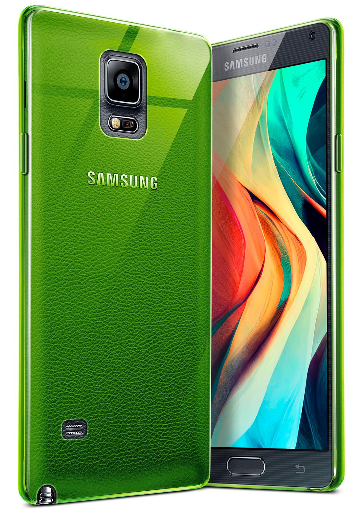 Grüne Handyhülle mit Telefon. Die Rückseite des Telefons ist sichtbar.